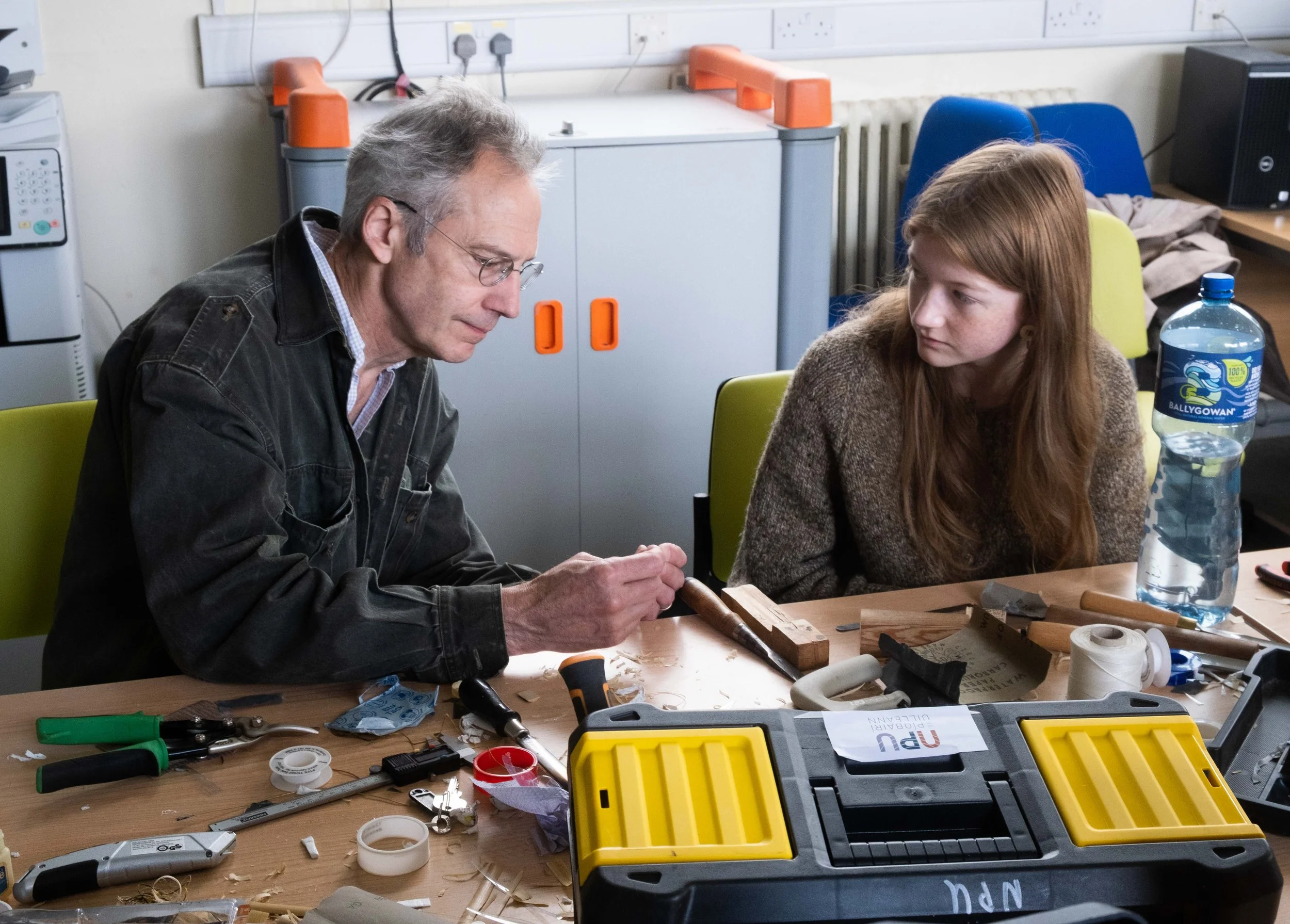 Master uilleann pipes maker Benedict Koehler with Tove Byers in the reed making workshop 2023.