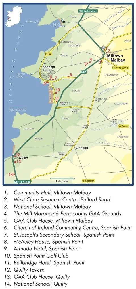 Map of County Galway, Ireland showing locations around Milltown Malbay, including community hall, resource centre, schools, golf club, hotels, and historic sites along N67 and R474 roads.