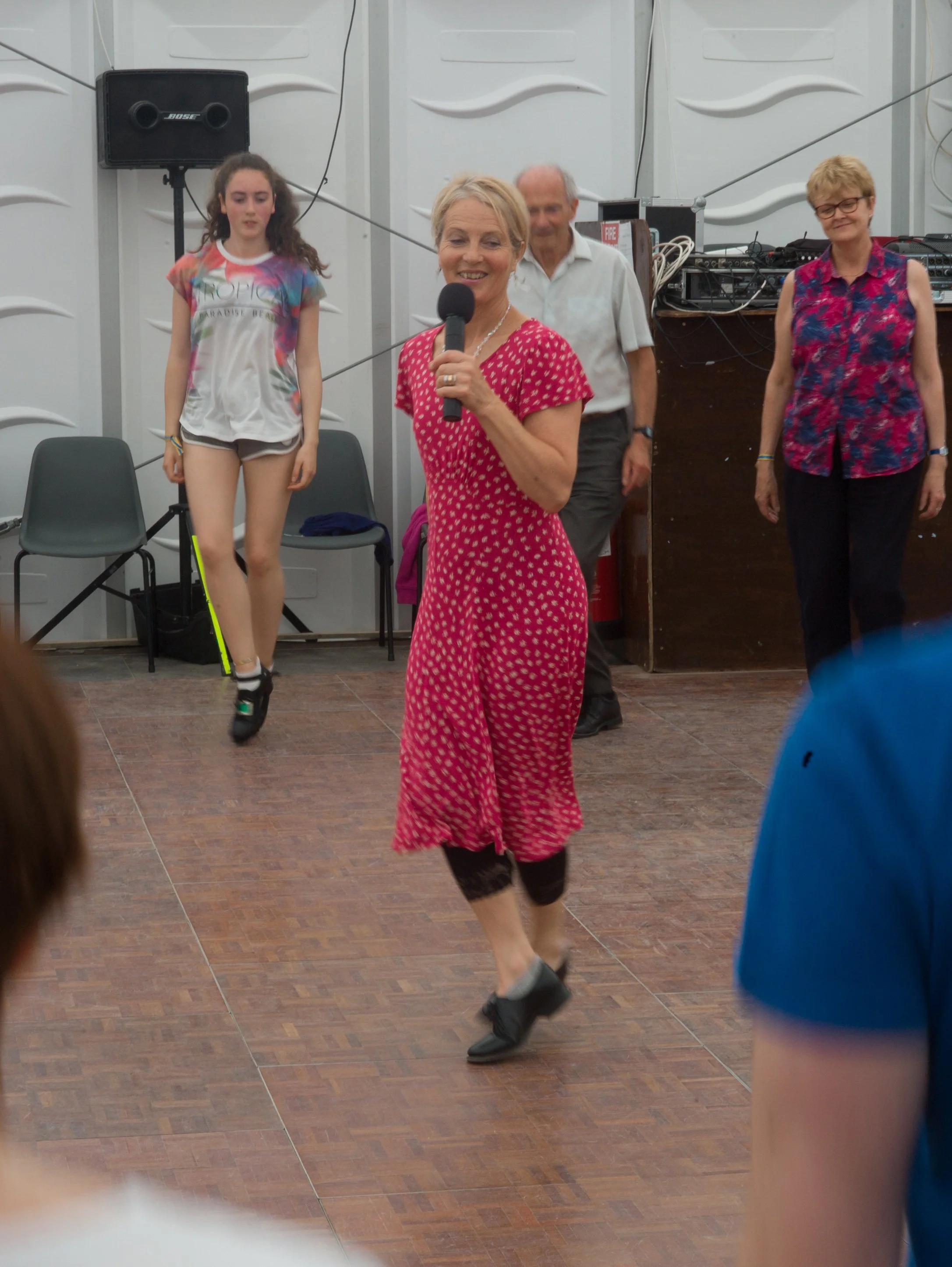 Caroline Reagh demonstrating Scottish dance steps in a special 2017 dance workshop.