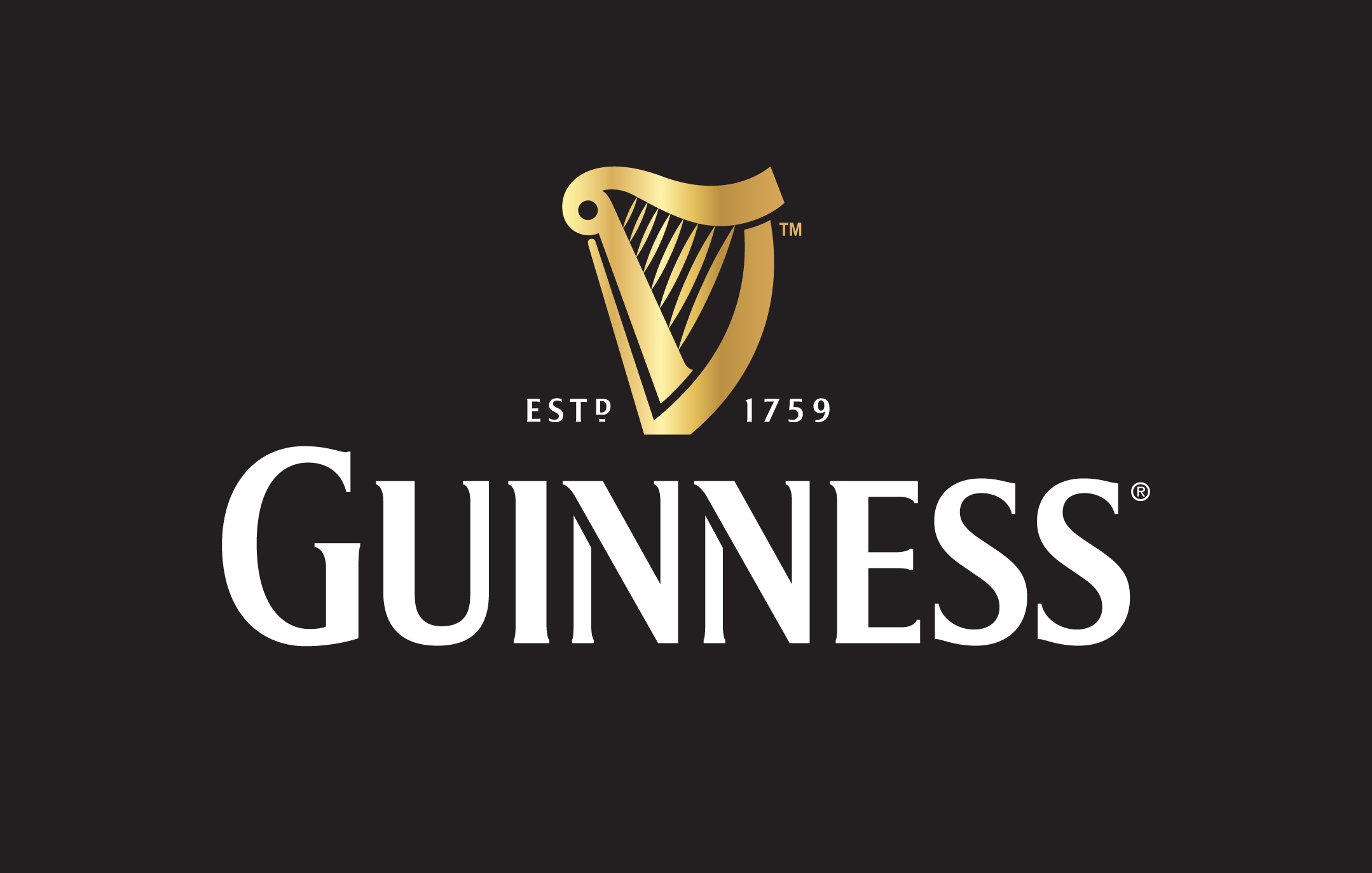 Guinness logo featuring black background with gold harp and white text.