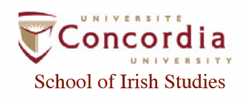 Logo of Concordia University School of Irish Studies with the university emblem and text in maroon