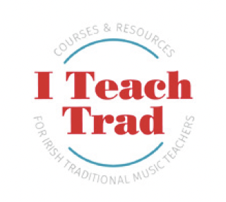 Logo with the text "I Teach Trad" in red, surrounded by the words "Courses & Resources" and "For Irish Traditional Music Teachers" in gray encircling the main text.