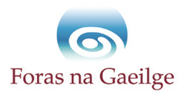 Logo with a blue swirl circle above the text 'Foras na Gaeilge' in maroon.