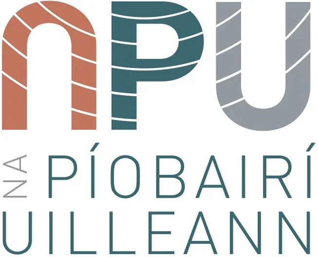 Logo with the words 'NKA' in large, striped letters above the text 'Na Píobairí Uilleann'.
