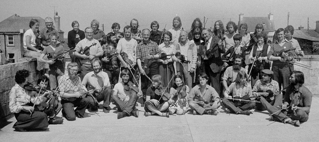 A group shot of all the fiddle students and teachers, 1970s.