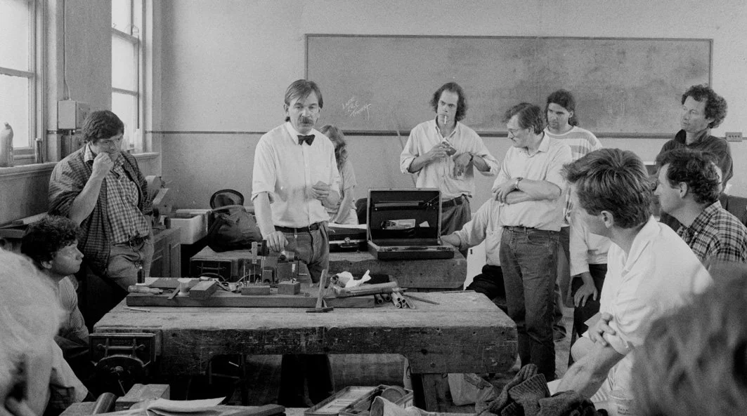 Pipemaker Alain Froment (centre left) in the pipers' workshop, 1989.