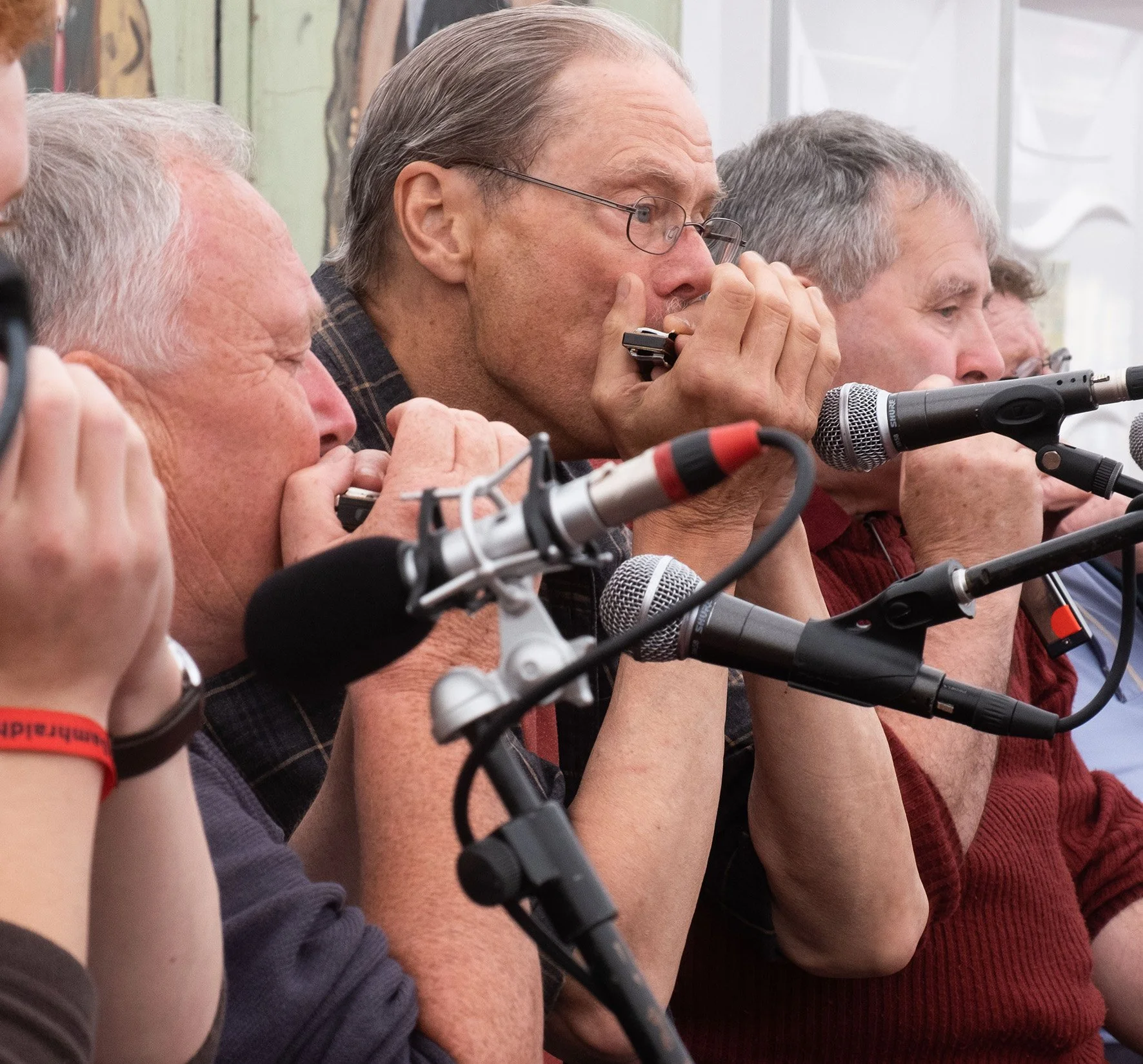Mick Kinsella, Rick Epping and Johnny Hehir at the 2019 harmonica recital.