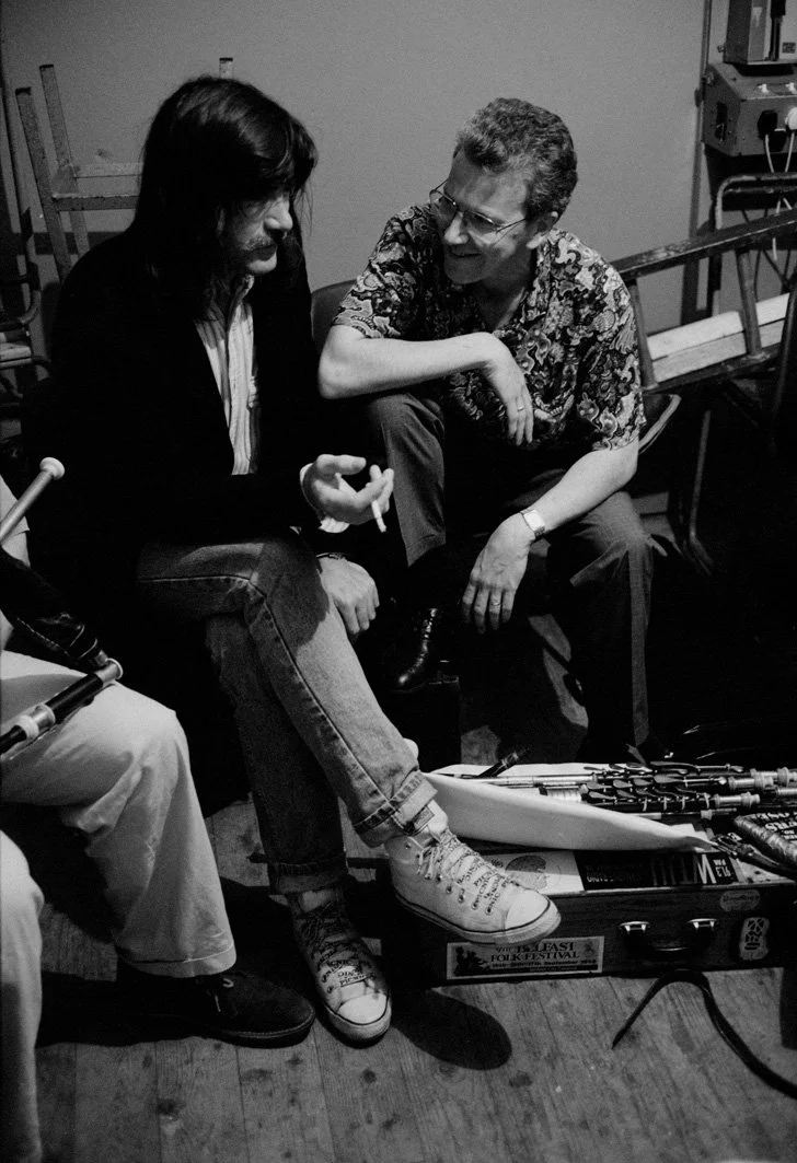 Paddy Keenan and Mick Coyne backstage during the piping recital, 1992.