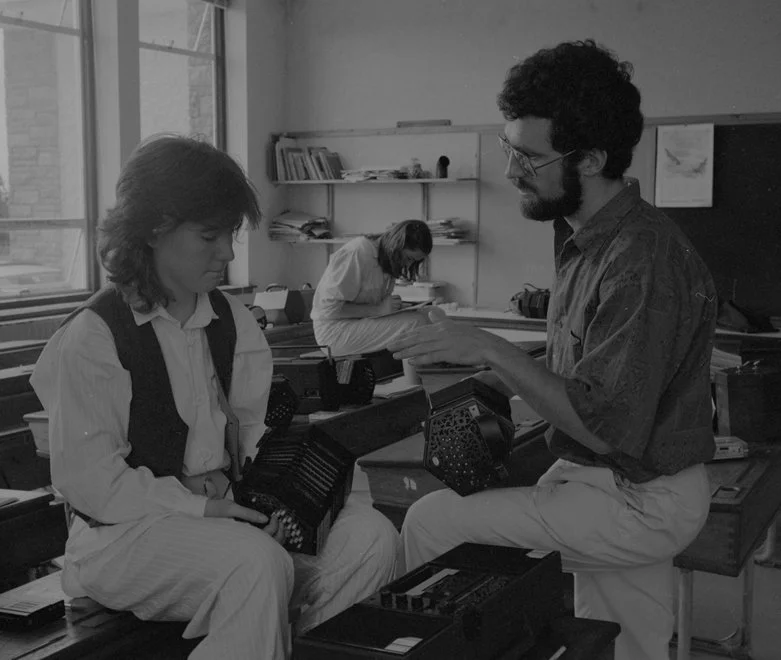 Noel Hill (right) with one of his concertina students, 1987.