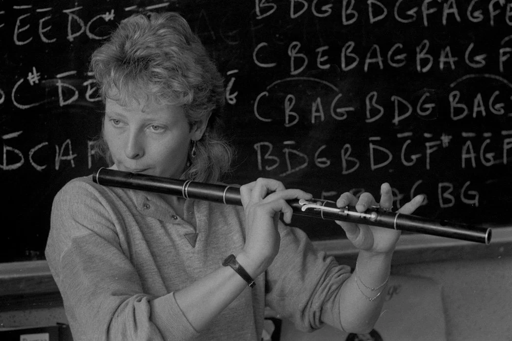Tara Diamond playing a tune for her flute class, 1985.