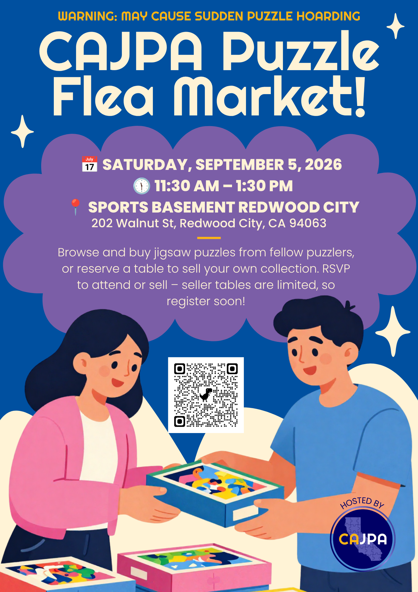 Flyer for the CAJPA puzzle flea market in Redwood City