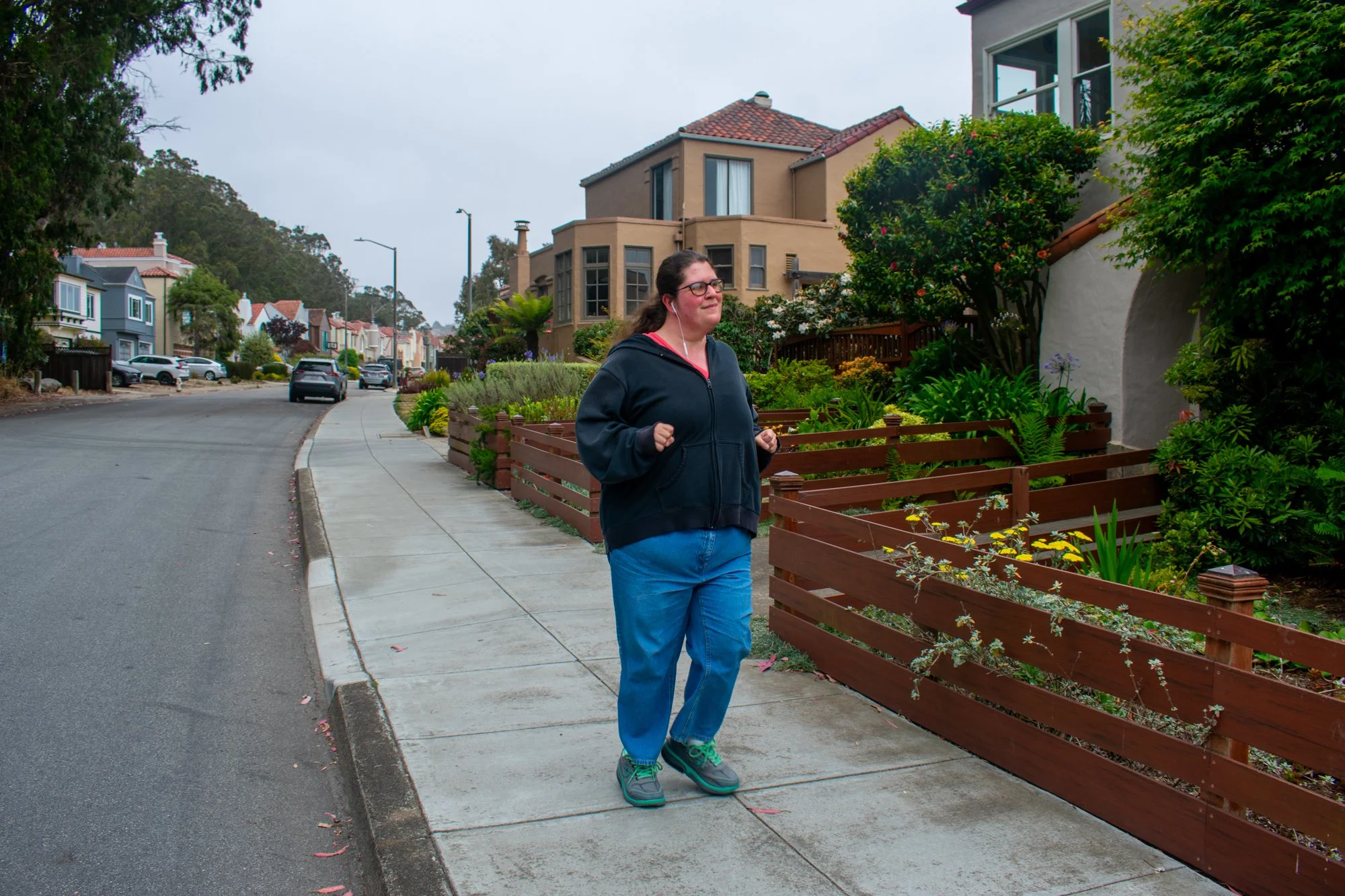 Andrea runs outside her neighborhood in San Francisco on Sunday, June 1 to train for her company’s annual Beer Mile. She runs between a quarter mile and a mile every day and listens to a variety of music from classical, pop, reggae and jazz.