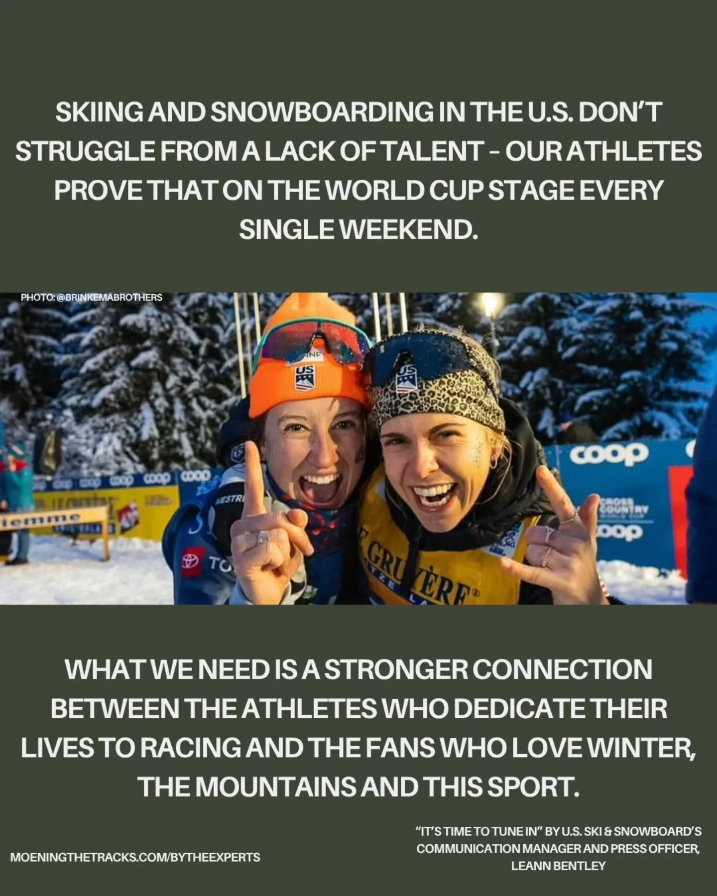 How can U.S. Nordic Ski Fans support their athletes?
Leann Bentley is the Communications Manager &amp; Press Officer for the U.S. Ski &amp; Snowboard Team.
She not only shares the stories of your favorite ski and snowboard-athletes but acts as a comp