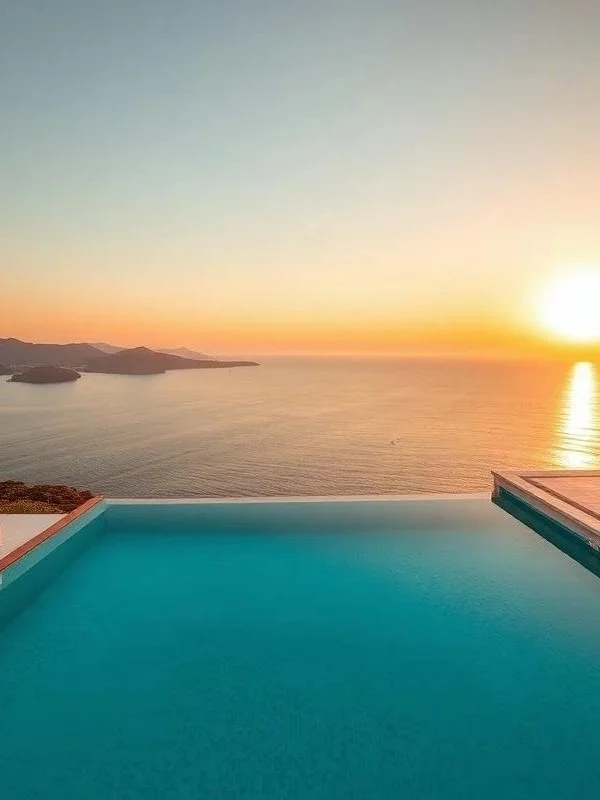 An infinity pool overlooking the ocean during sunset, with islands visible in the distance.