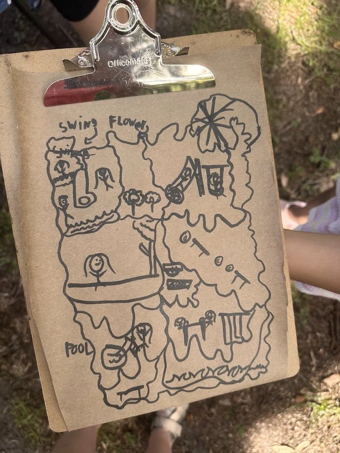Hand-drawn map on brown paper clip with labels for 'swing,' 'flower,' and 'pool', featuring various simple illustrations of a swing set, a flower, a person, a pool, and other features.