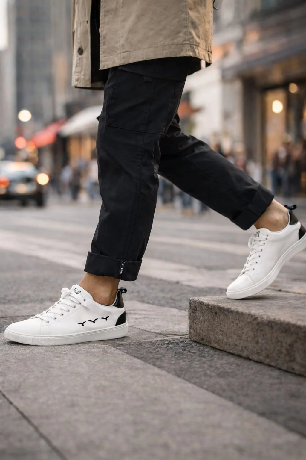 Close-up of a person wearing white sneakers with black accents and black pants, stepping over a curb in an urban street setting.