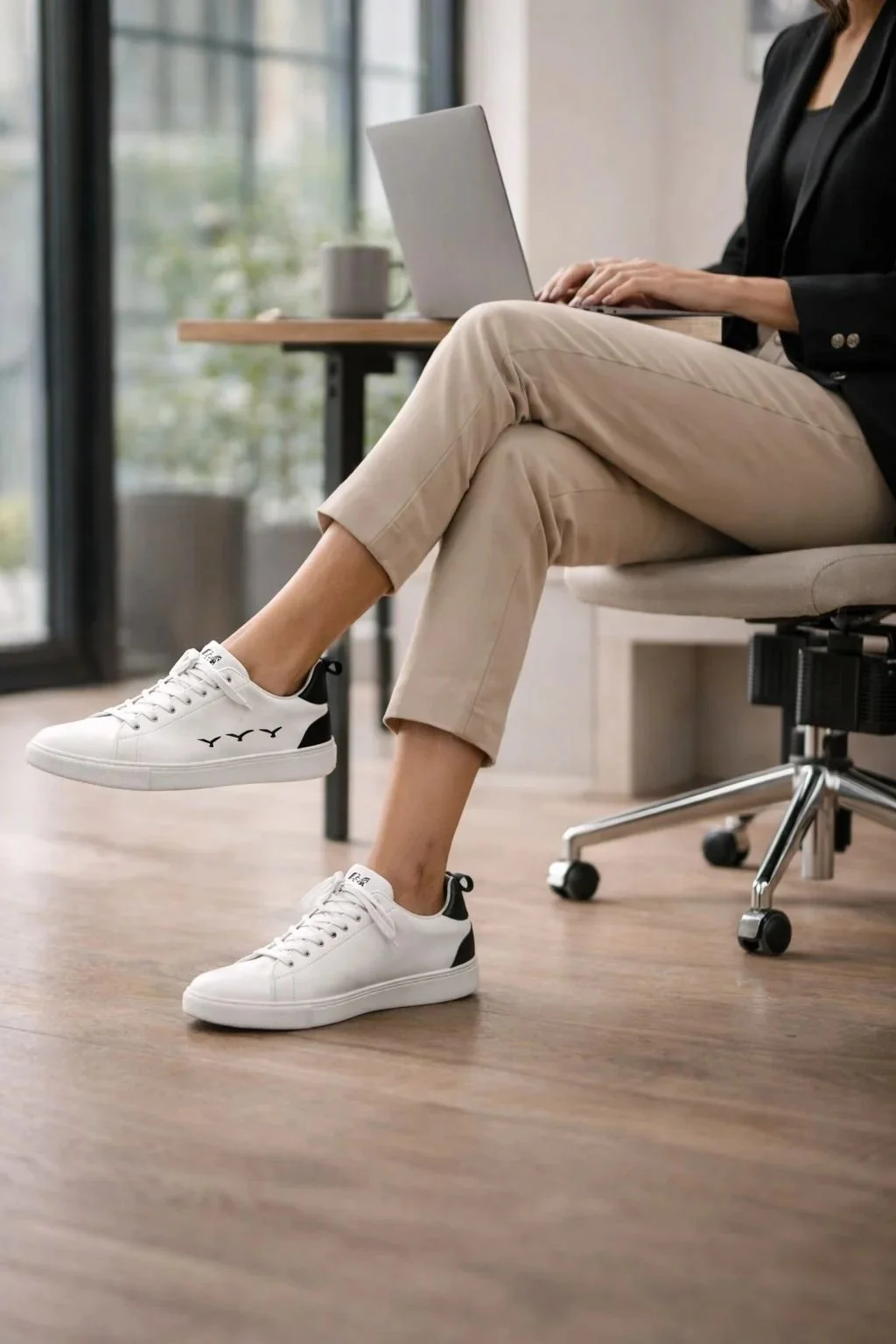 Person sitting on an office chair with legs crossed, working on a laptop in a modern office with large windows and wooden flooring.
