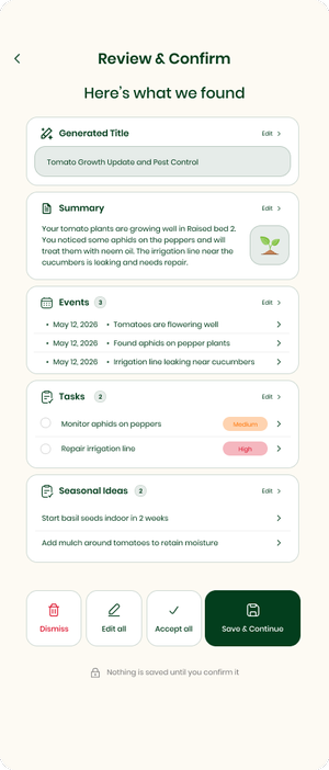 Garden Recall review and confirm screen