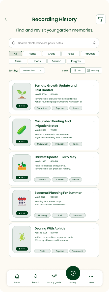 Garden Recall recording history screen