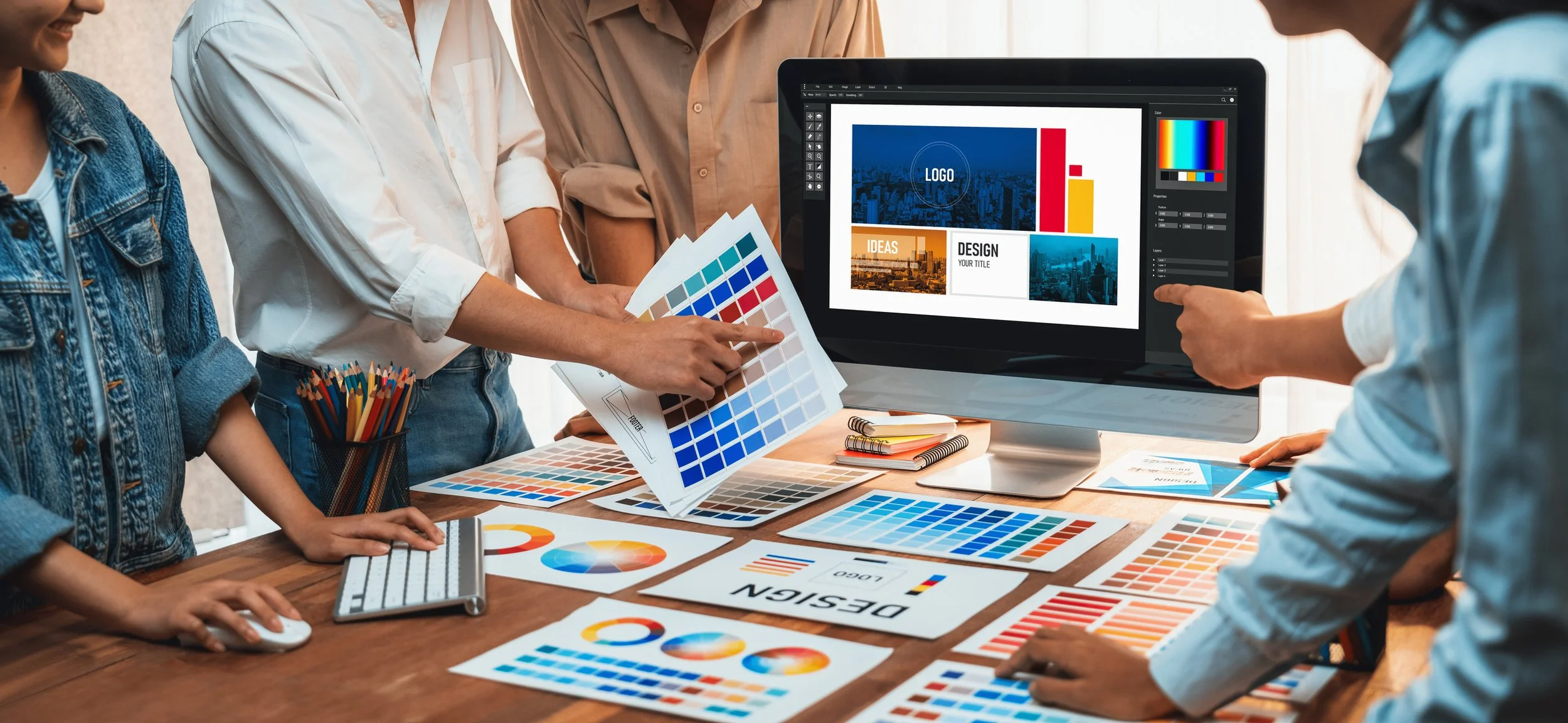 People gathered around a table examining color swatches and presentation designs for a project on a computer screen.