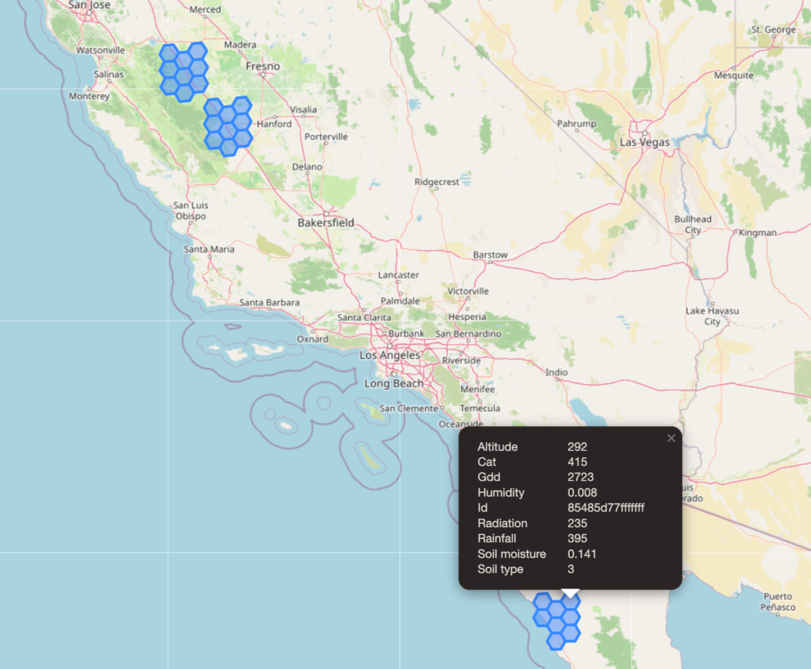 Map of California showing dense coverage of weather data points in southern California, with a panel displaying weather details for one data point, including altitude, temperature, humidity, and rainfall.