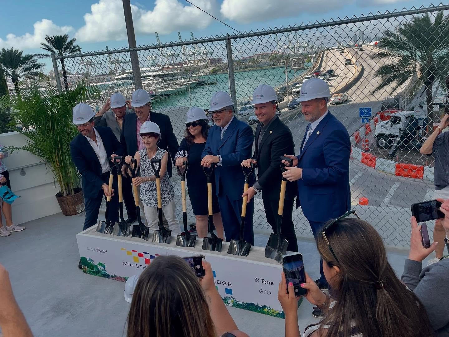 Celebrating the 5th Street Pedestrian Bridge Opening Ceremony that took place on February 13, with Developer David Martin, Commissioner Dominguez, Commissioner Fernandez, CIP David G&oacute;mez &amp; other City officials.&nbsp;Sobe West Board member 