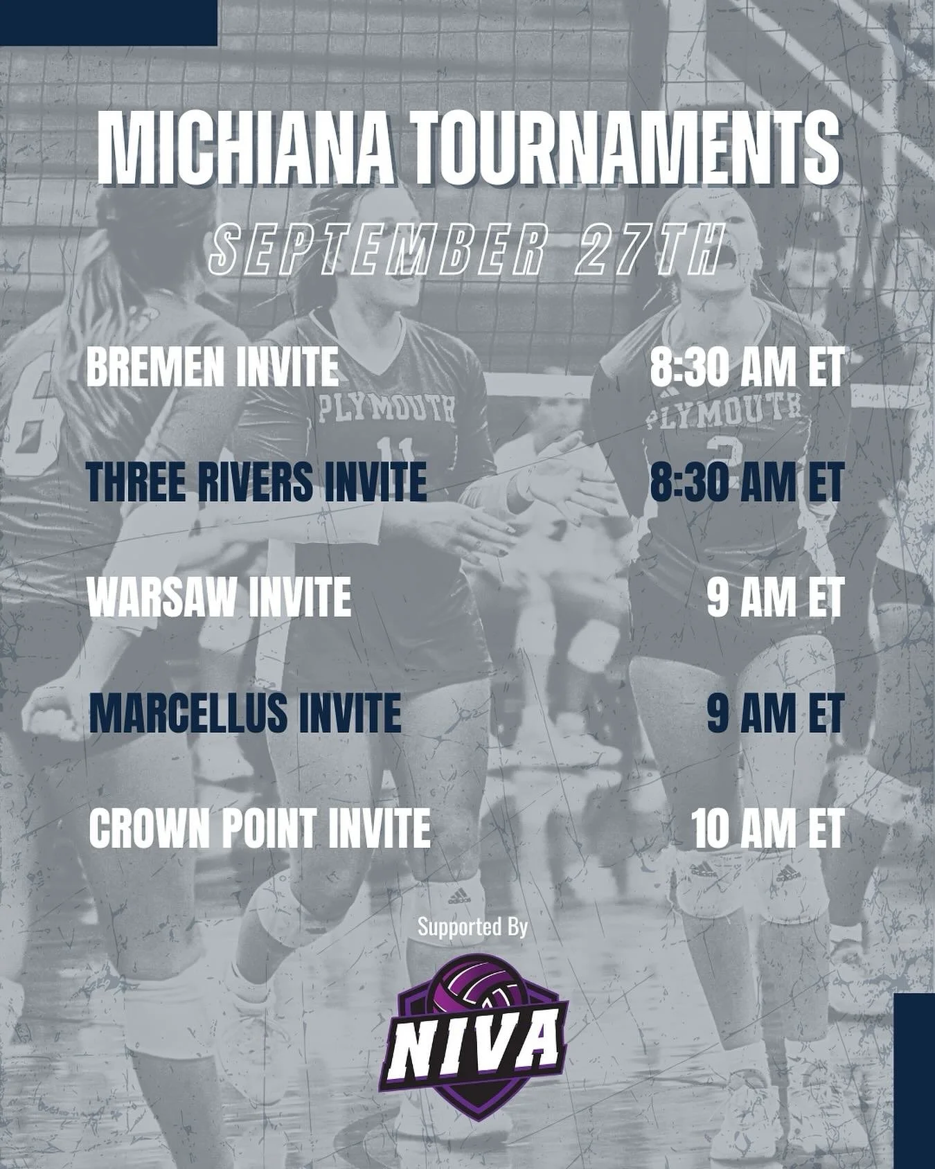 Another weekend, more volleyball tournaments! We have teams traveling across Michiana to play opponents they don’t often play, as well as teams going beyond the Michiana area! Which Invitational will you be attending?
Our sponsor Niva Jrs are