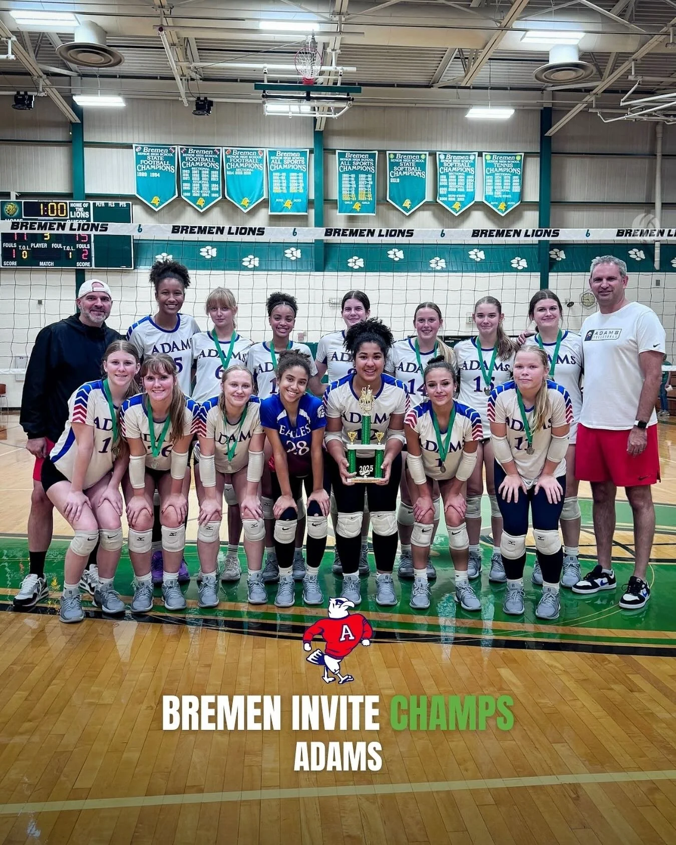Congratulations to South Bend Adams on winning the Bremen Invitational, going 4-0 on the day! ๐
The results for Adams on the day are as follows:
vs Prairie Heights 25-12, 22-25, 15-12
vs Culver Academies 25-22, 14-25, 15-9
vs John Glenn 25-23, 18-