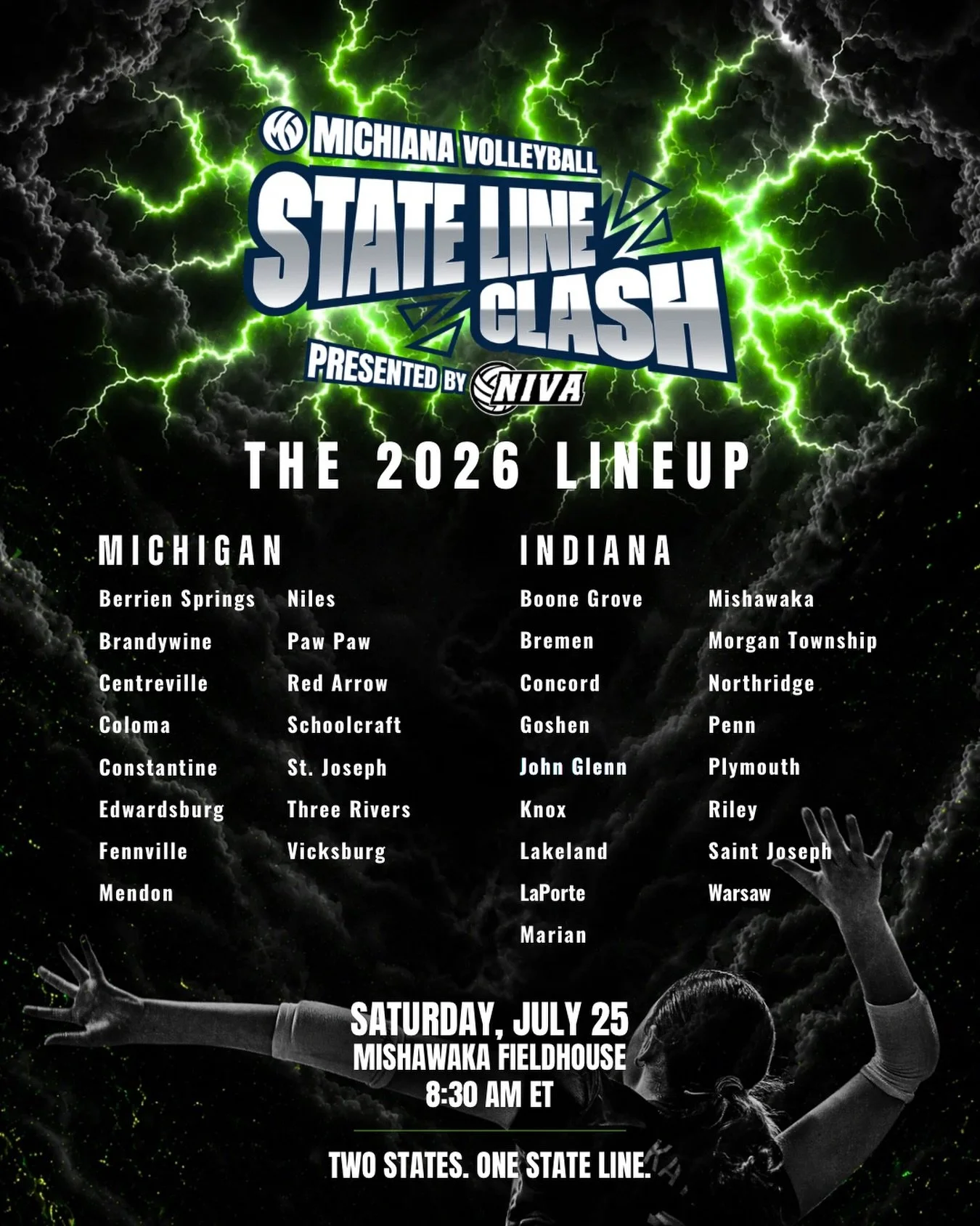 History starts July 25 ⚡️

Thirty-two programs are headed to the Mishawaka Fieldhouse for the inaugural Michiana Volleyball State Line Clash, Presented by NIVA, one of the biggest high school preseason volleyball events in the region!

The full tourn