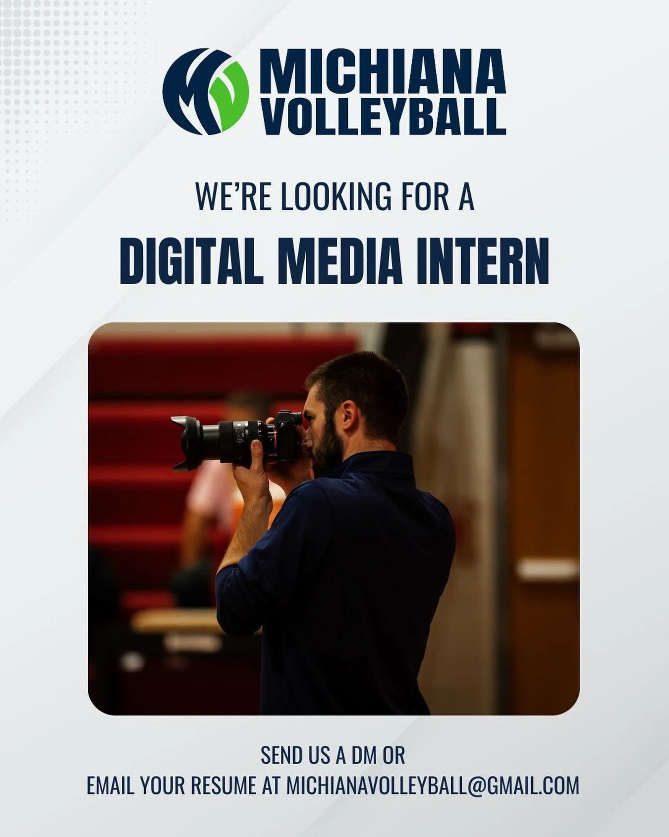 🏐 WE&rsquo;RE HIRING: DIGITAL MEDIA INTERN 🏐

Do you want to be part of one of the fastest-growing media platforms in the region?

Michiana Volleyball is looking for a Digital Media Intern to help create graphics, publish social media content, orga