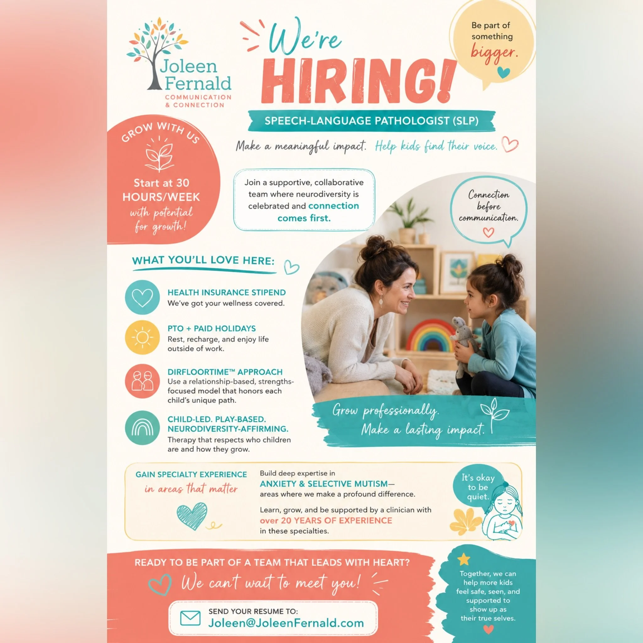 My successful practice in the Tampa Bay Area is hiring a speech language pathologist, with the opportunity to also work at the incredible @reconnections_dir_center Reach out if you&rsquo;re interested!