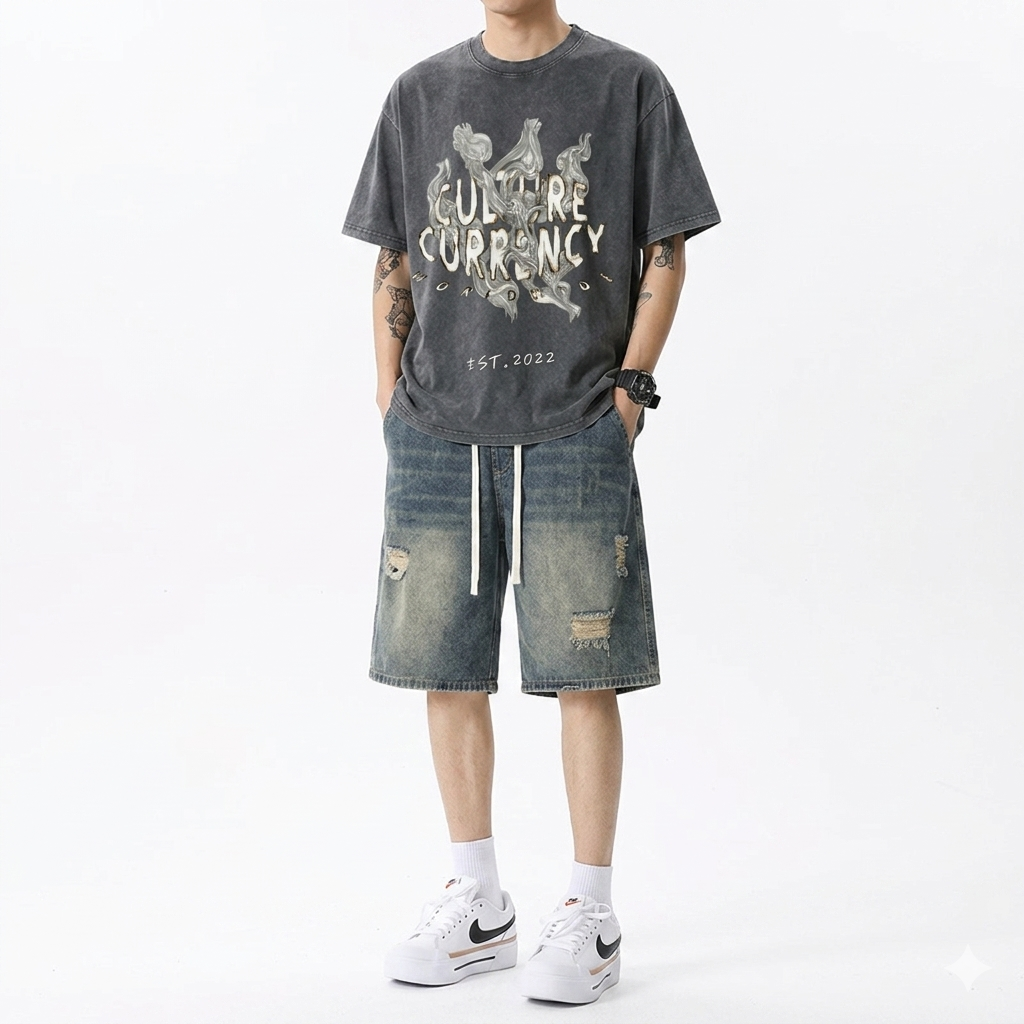 Men's Retro Casual Ripped Denim Jean Shorts Streetwear Blue Gray
