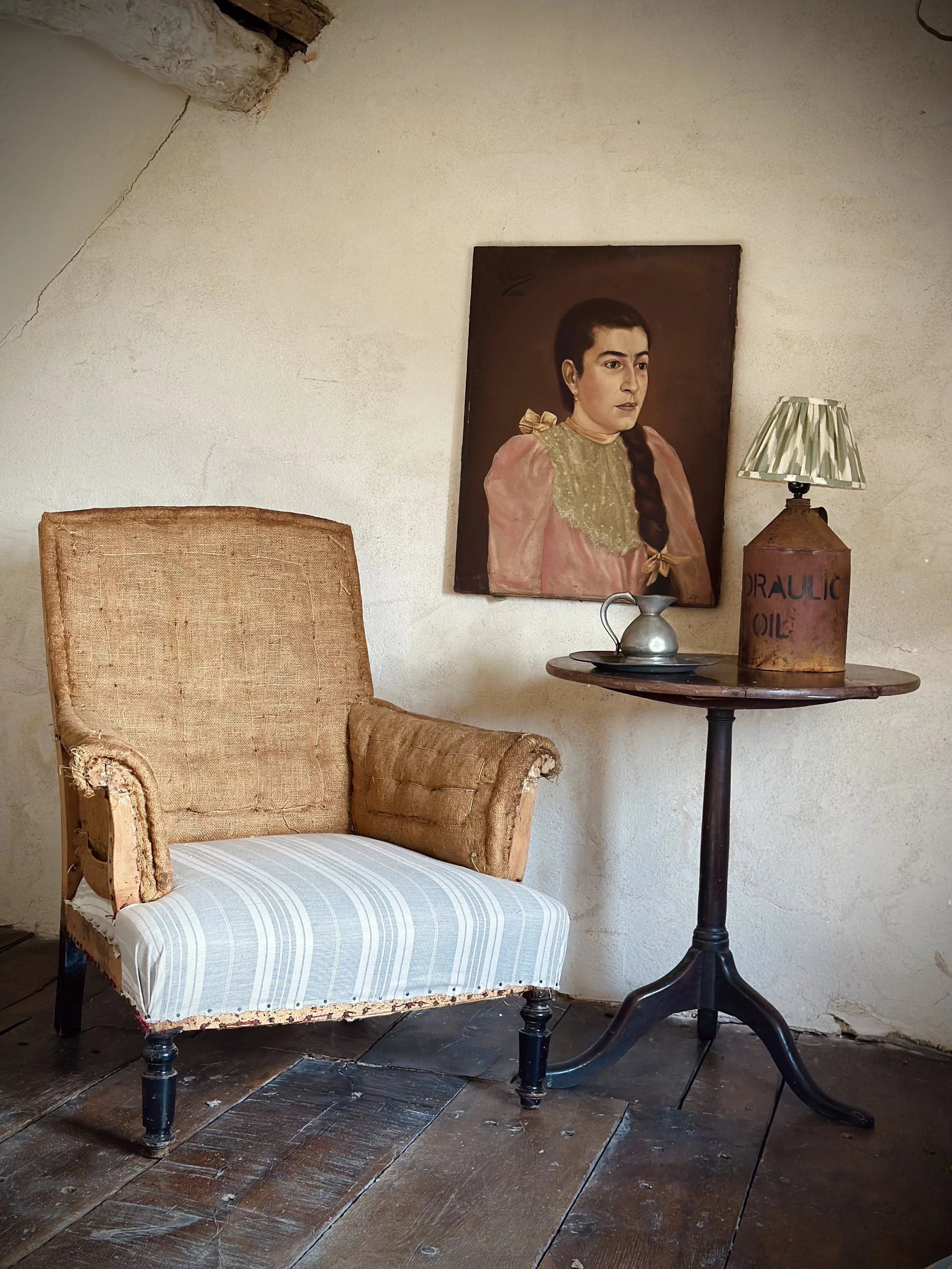 19th century French Scroll Back Armchair in Hessian