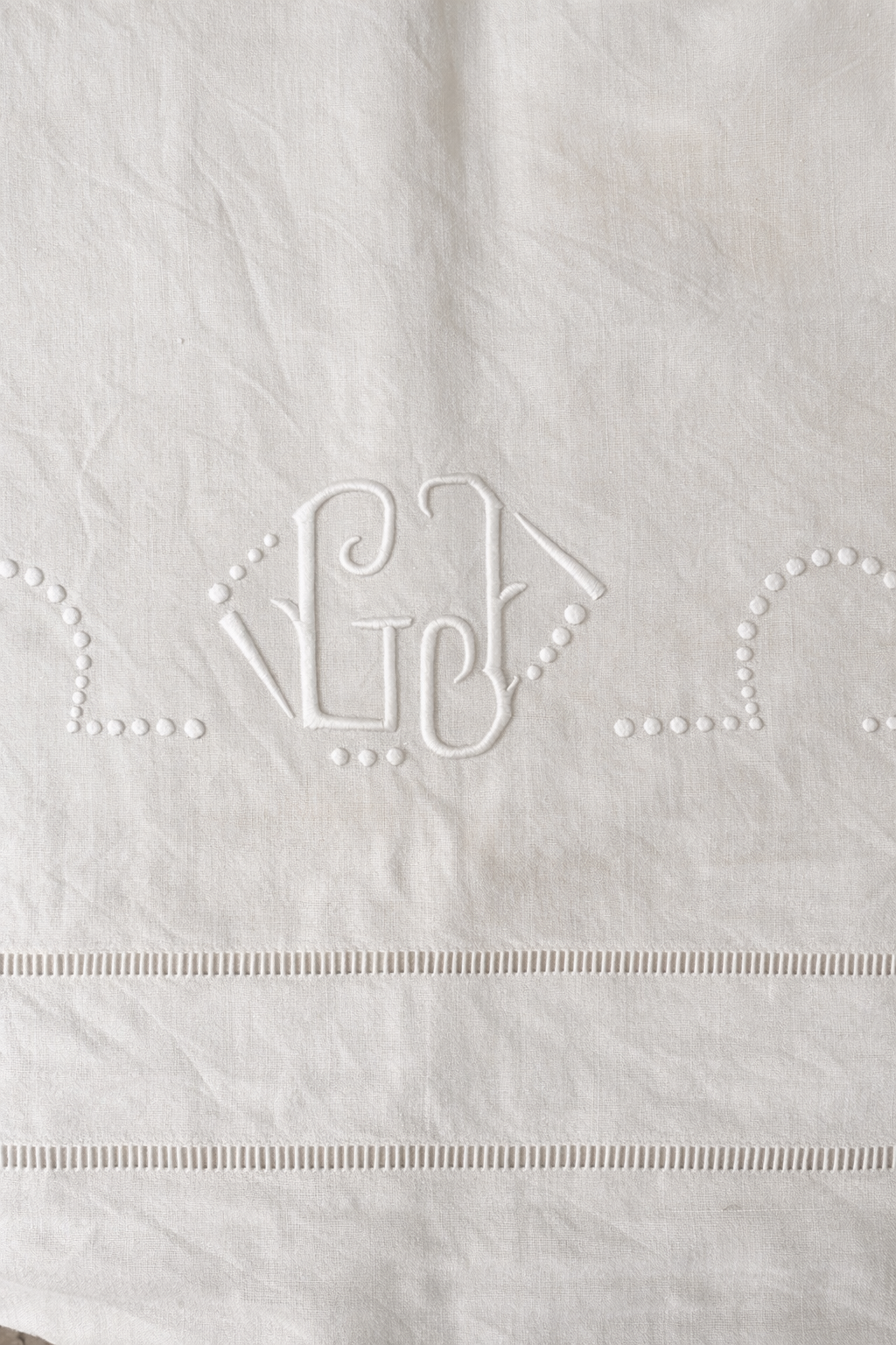 Vintage French Linen Sheet with Hand Embroidered G J Initials