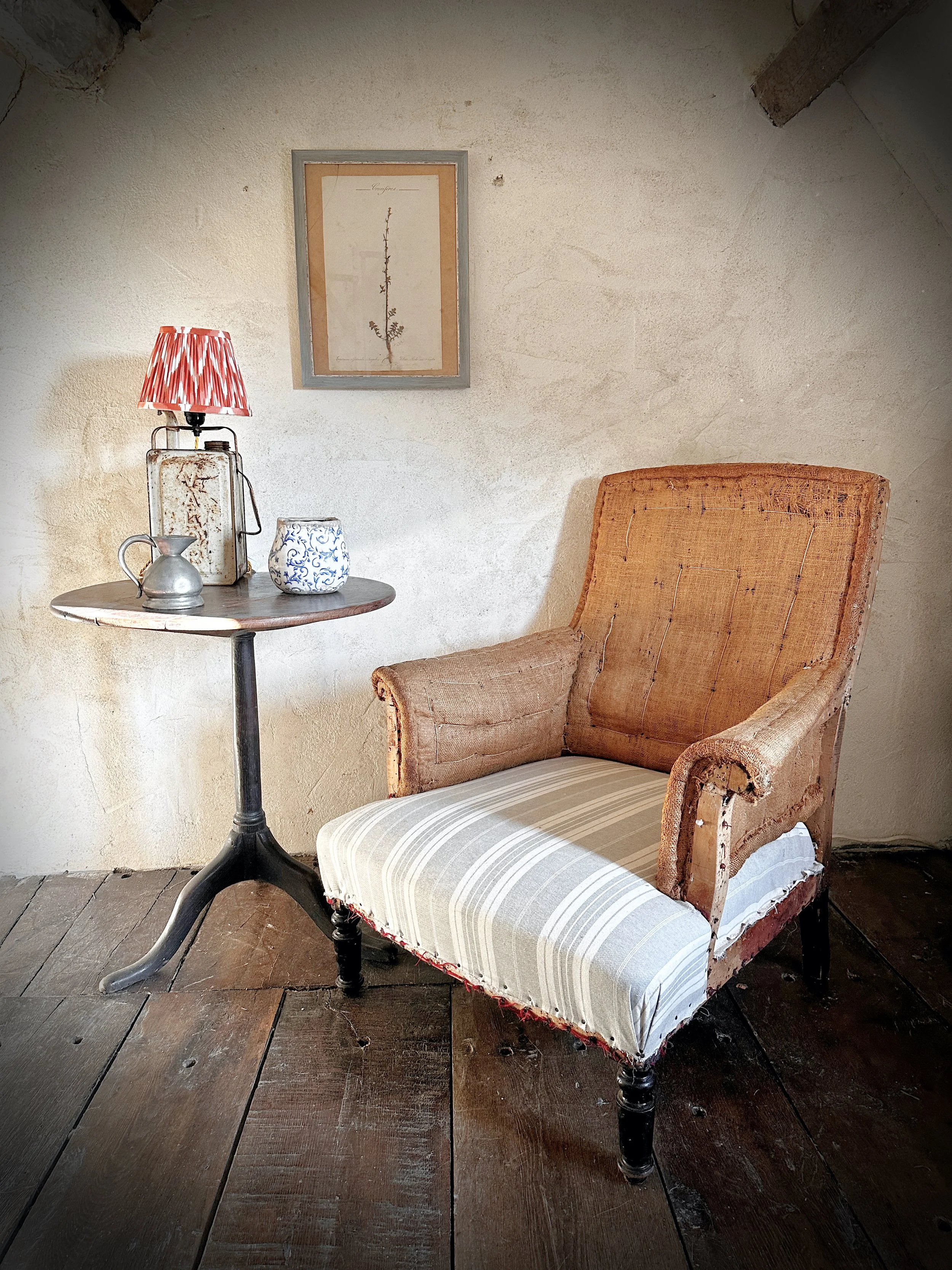 19th century French Scroll Back Armchair in Hessian