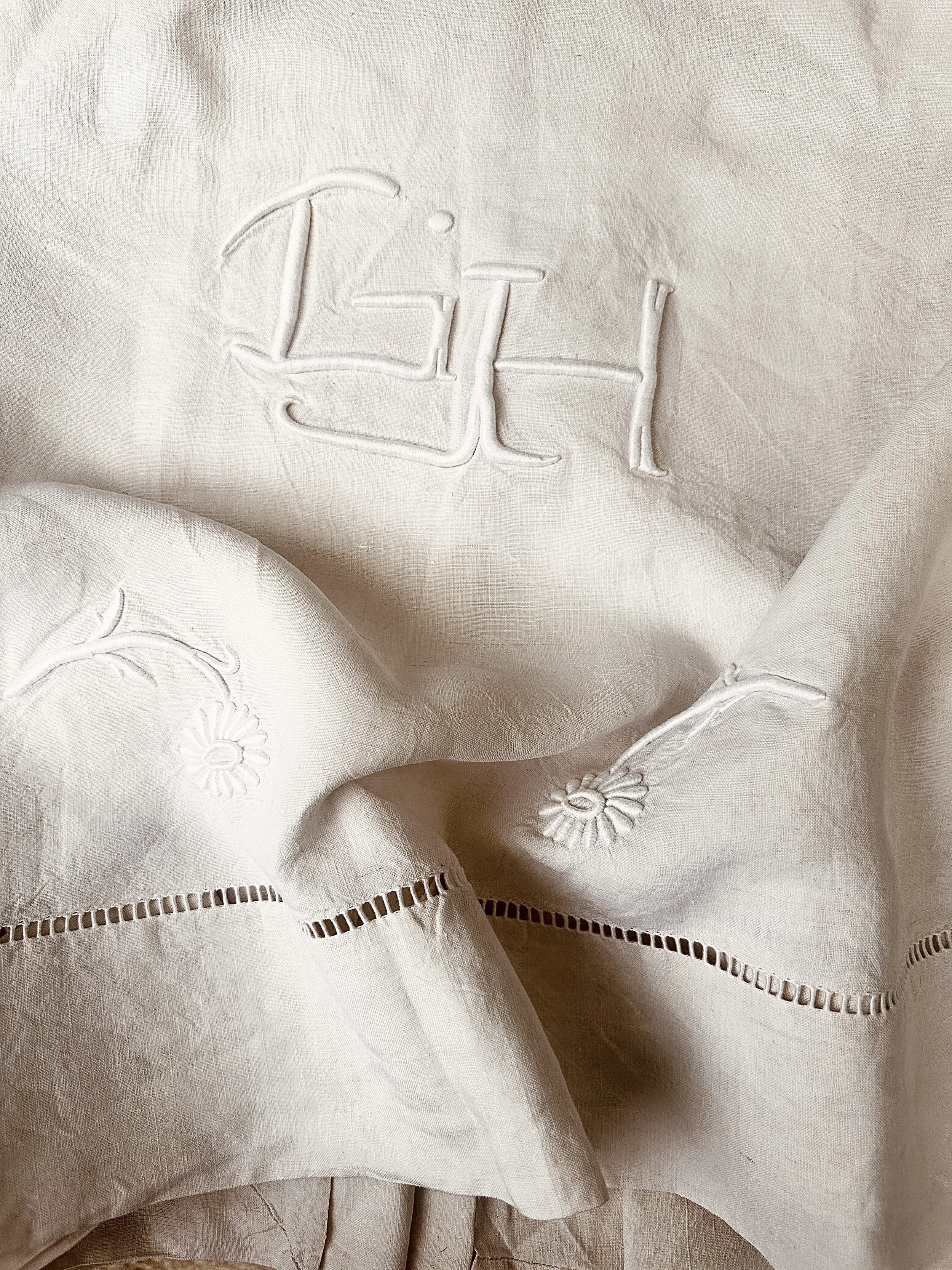 Vintage French Linen Sheet with Hand Embroidered G H Initials