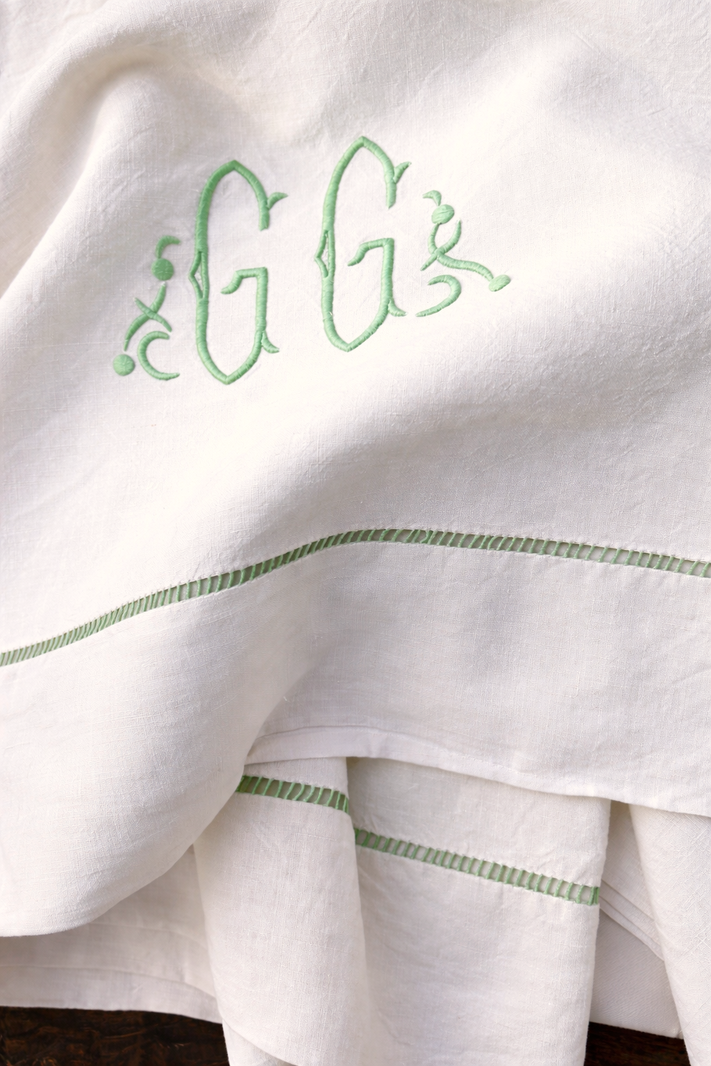 Rare Find Vintage French Linen Sheet with Pistachio Green Hand Embroidered  G G Initials