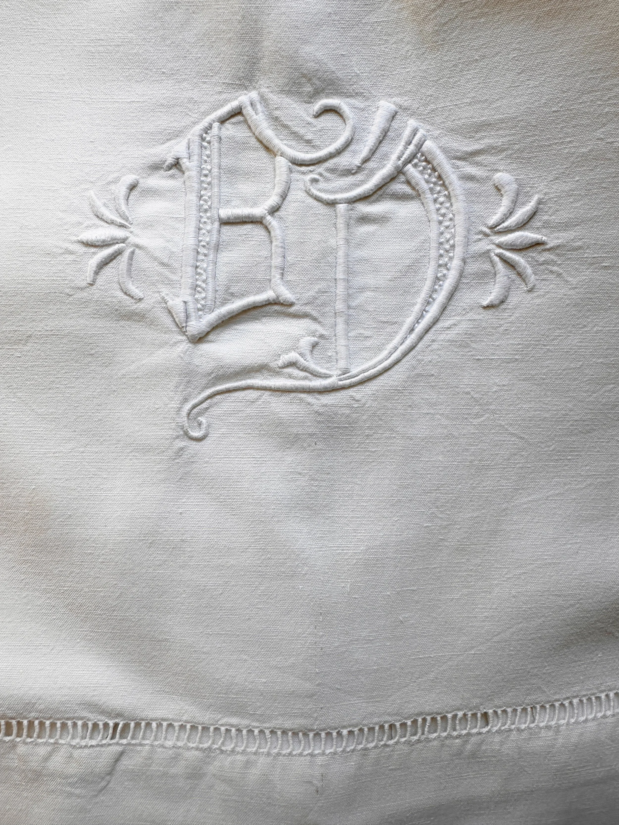 Vintage French Linen-Cotton Sheet With Hand Embroidered B D Initials