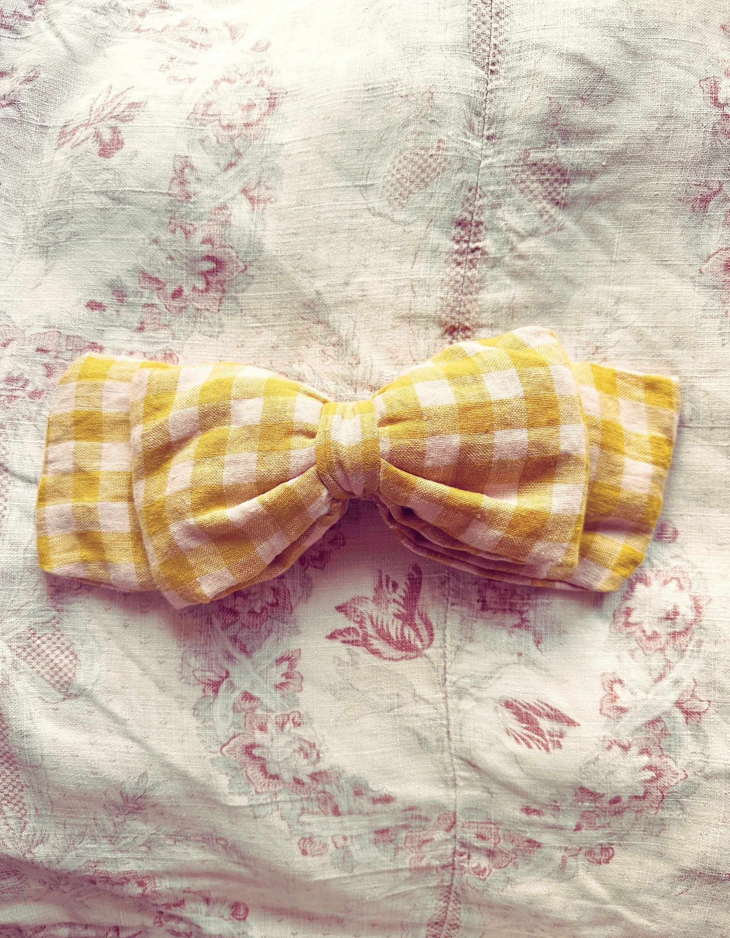 Very Large Hair Bow in Gingham Pink and Mustard Linen