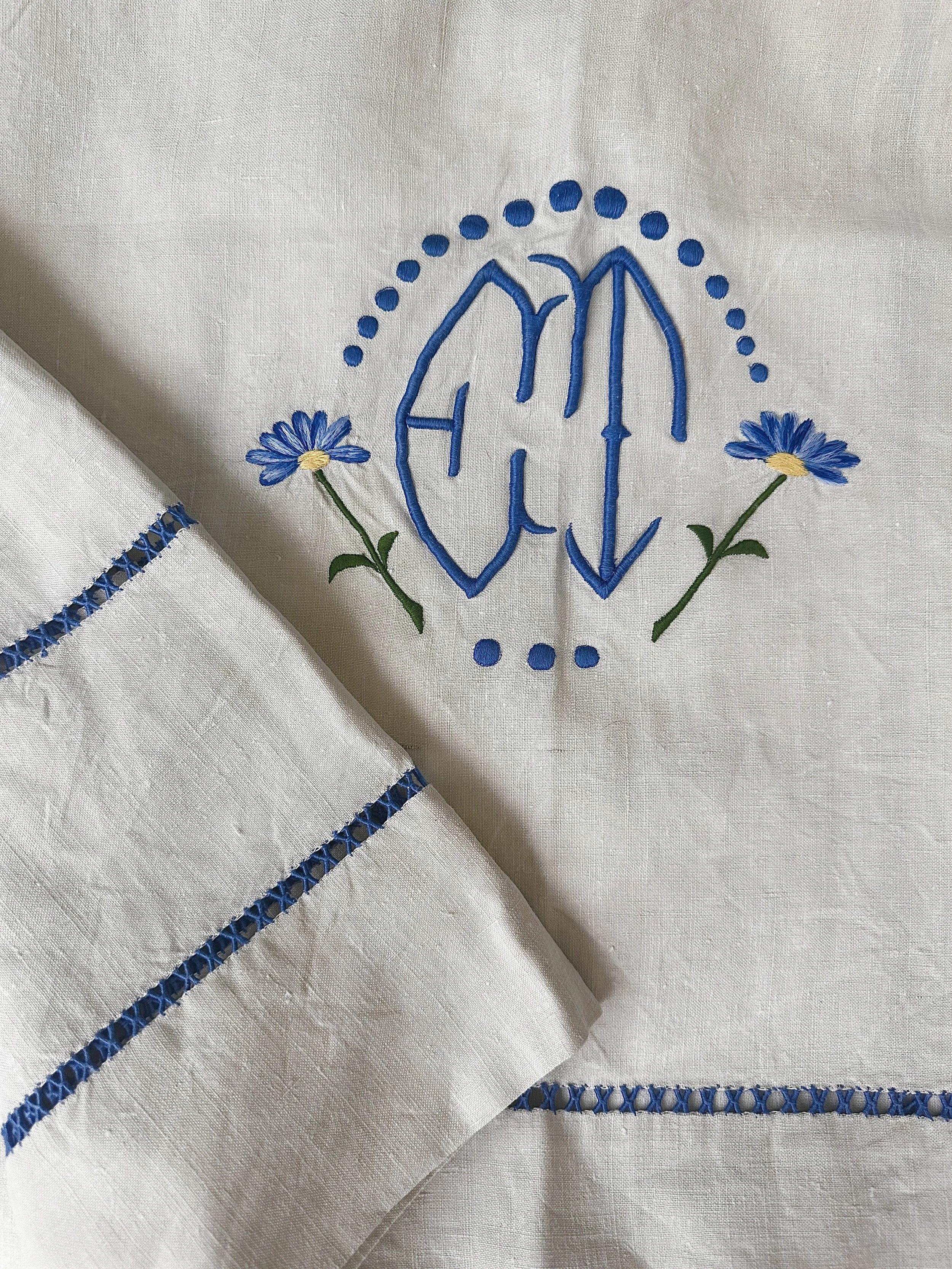 Rare Vintage French Linen Sheets with Blue Hand Embroidered E T Initials