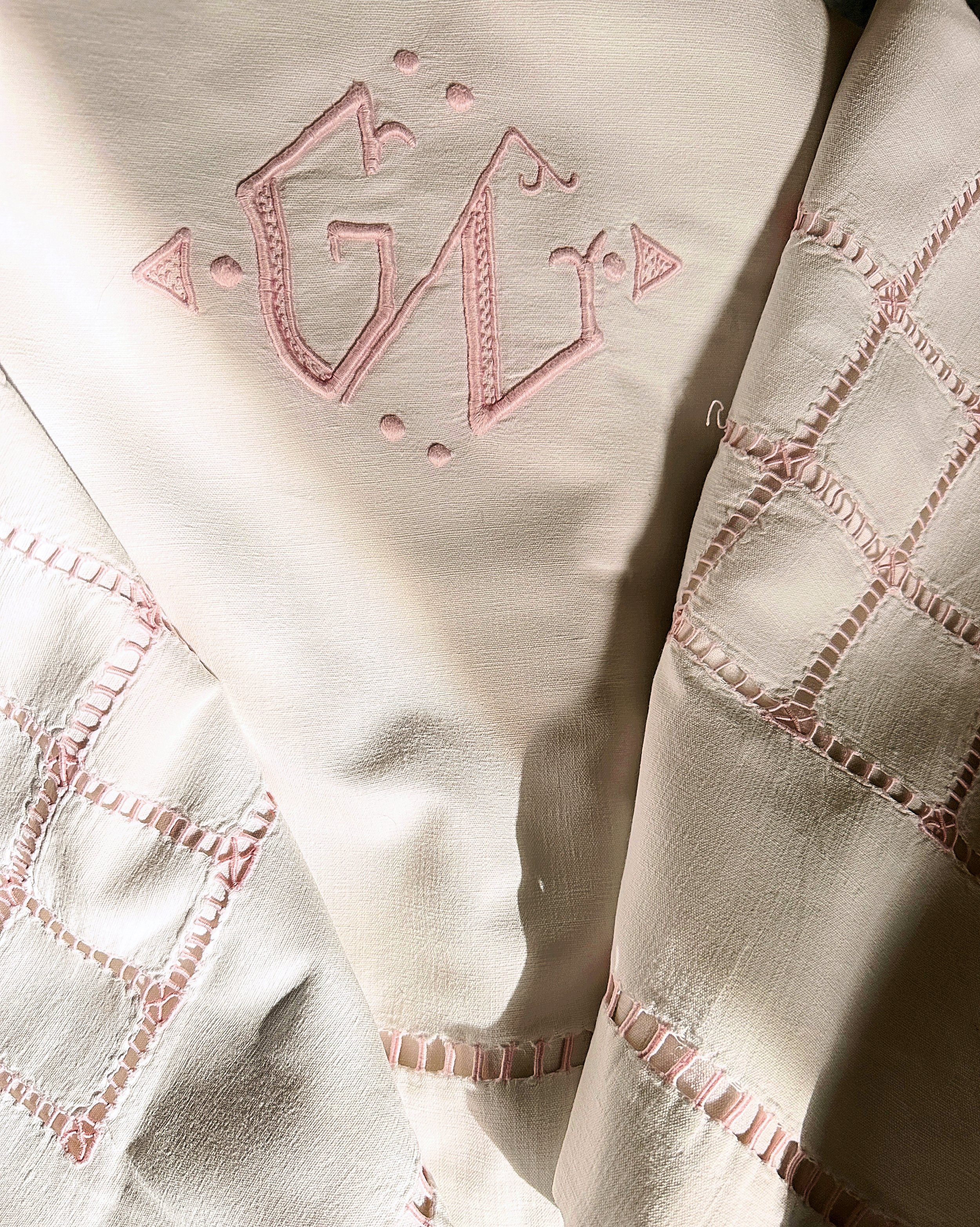 Vintage French Cotton–Linen Sheet with Pink Hand Embroidered G G Initials
