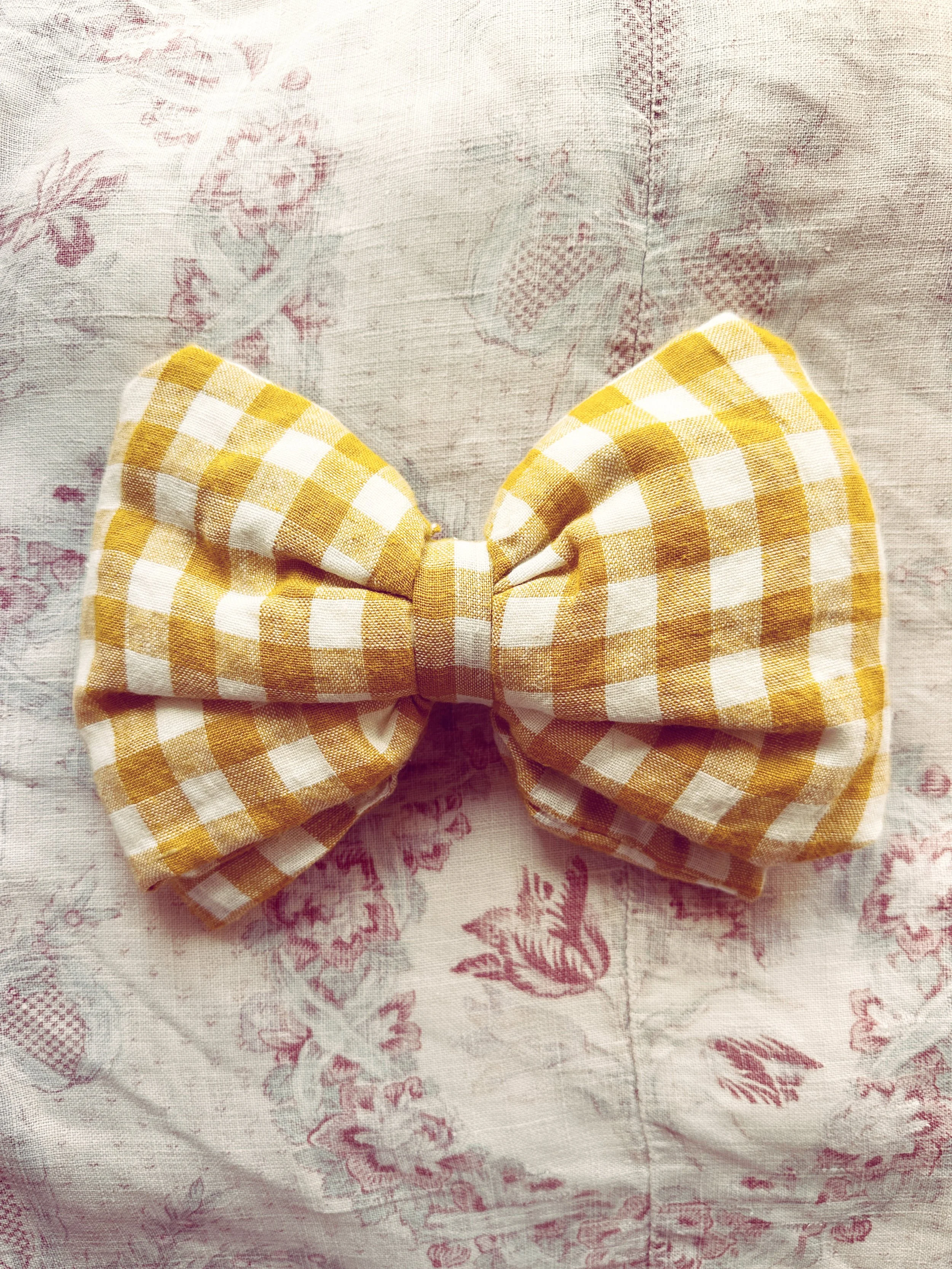 Giant Hair Bow in Gingham Mustard and White Linen