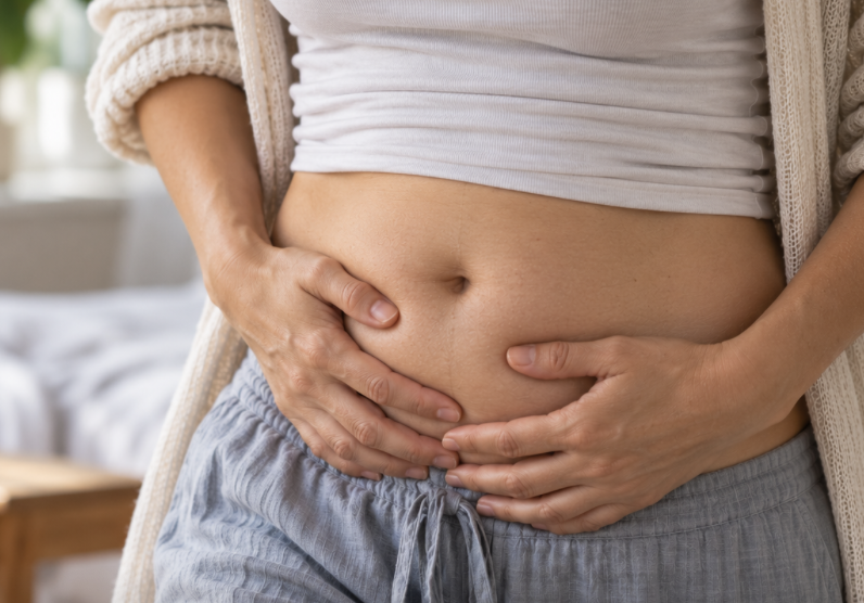 A woman's abdomen with hands holding it 