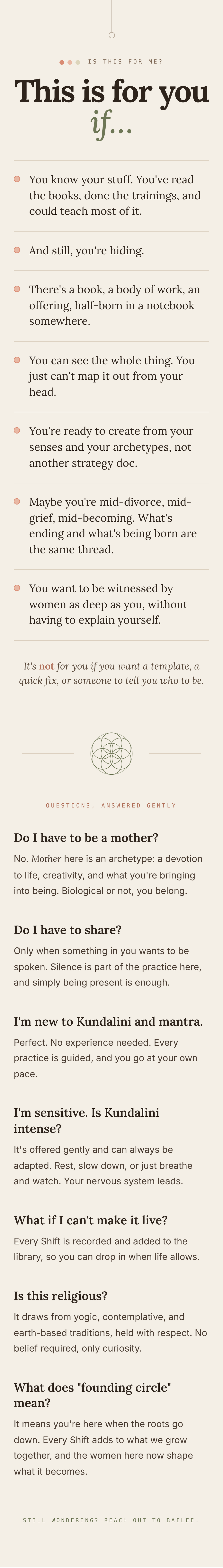 Who The Sunia Shift Pod is for, plus frequently asked questions about live gatherings, recordings, sharing, and the founding circle.