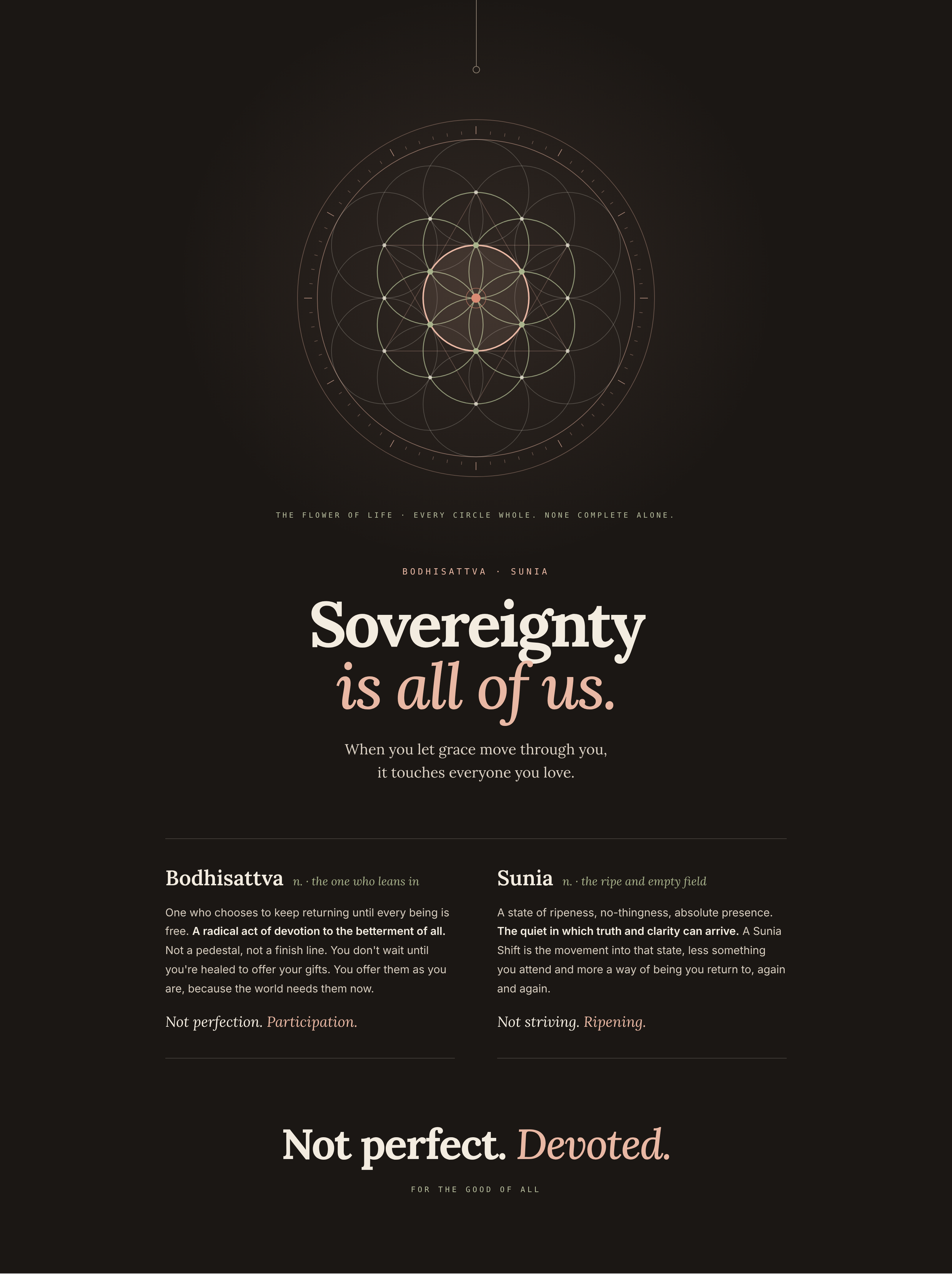 Flower of Life sacred geometry in rose and sage on deep night earth. Sovereignty is all of us, on the bodhisattva path