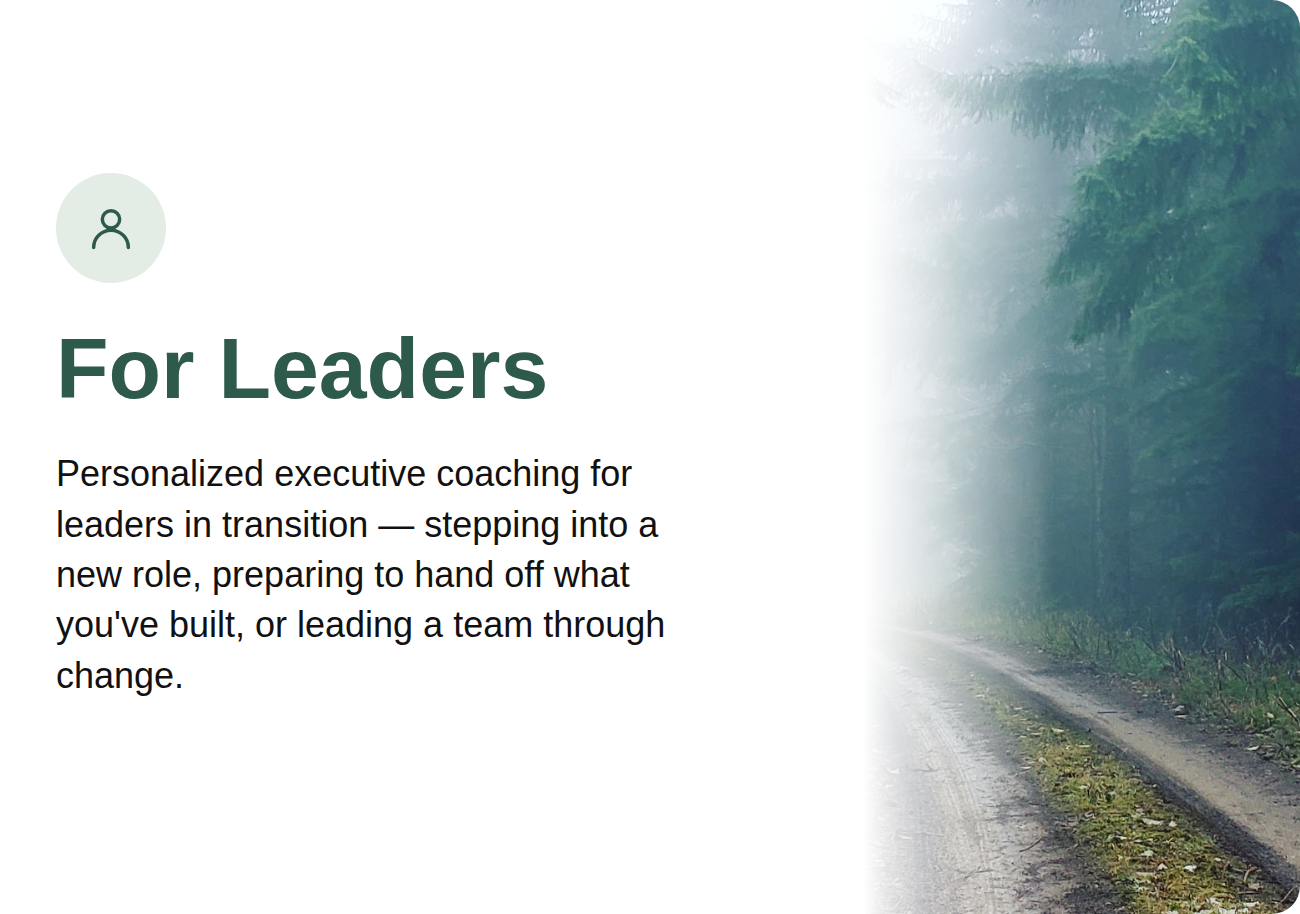 A webpage titled 'For Leaders' with a description of personalized executive coaching, featuring a background of a misty forest path on the right side.