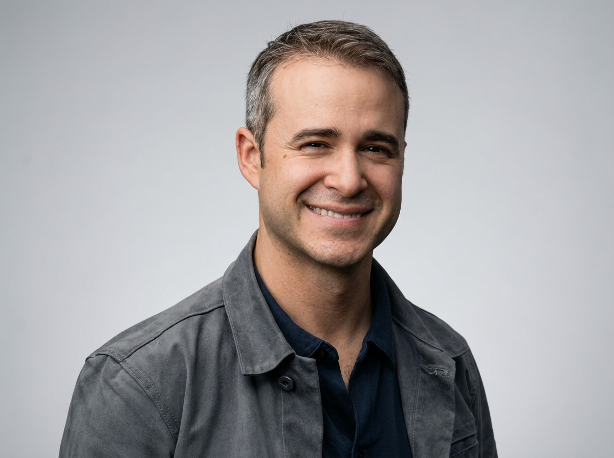 Headshot of a smiling man with short salt-and-pepper hair, wearing a dark shirt and a gray jacket, against a plain light gray background.