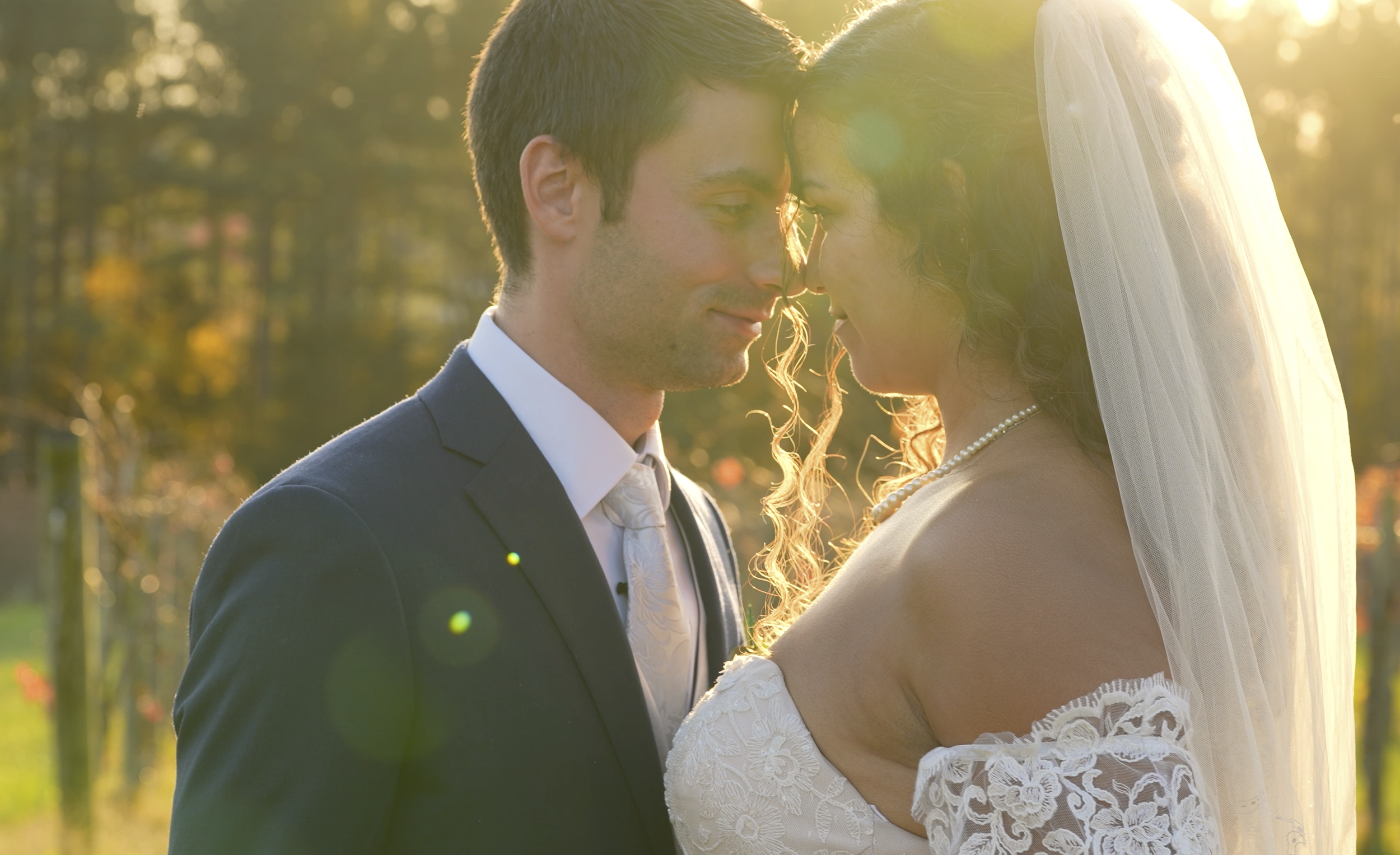 A married couple sharing a romantic moment at sunset in the vines of a Virginia vineyard, with soft golden light casting over the couple and surrounding landscape.
