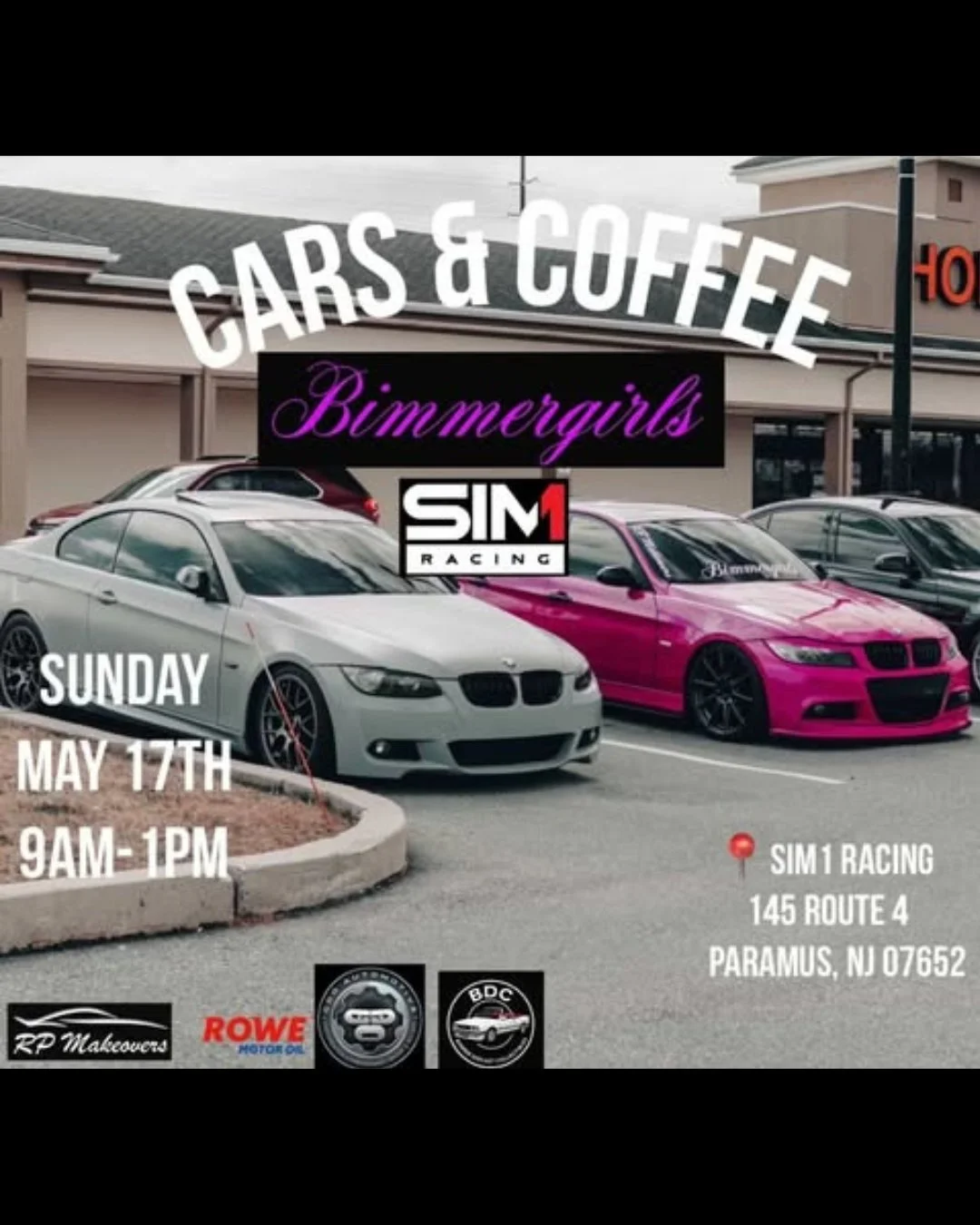 SIM1Racing and Bimmergirls Cars and Coffee flyer