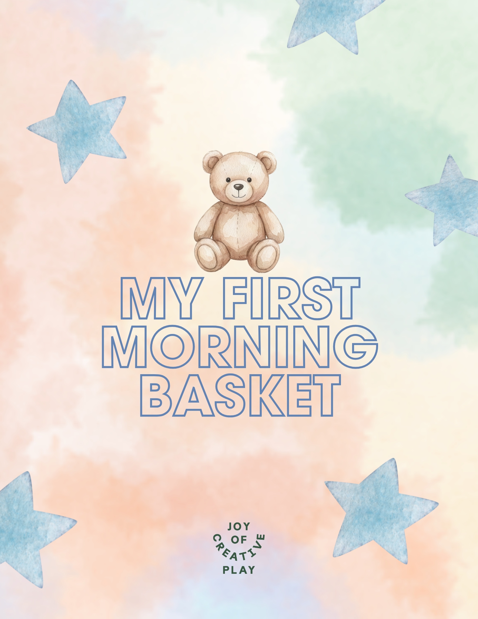 Baby’s First Morning Basket printable activities cover with watercolor teddy bear, ages 1–2